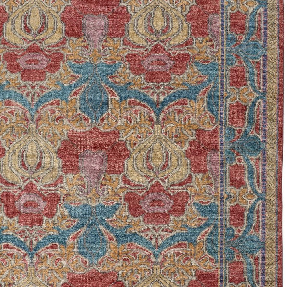 Stylish Hand-Knotted Red and Yellow Wool Oriental Area Rug for Chic Spaces