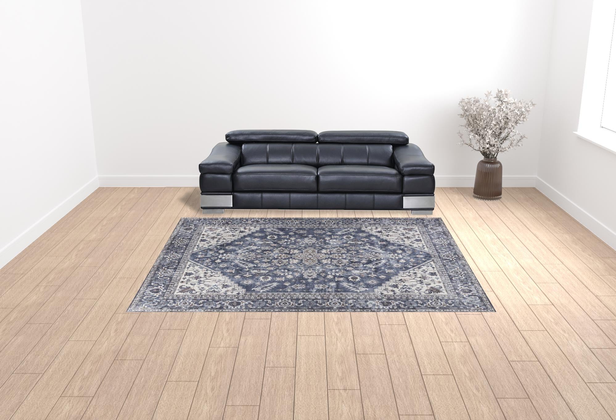 Exquisite 9-Foot by 12-Foot Blue and Ivory Floral Power Loomed Distressed Washable Area Rug Ideal for Creating Cozy Living Spaces