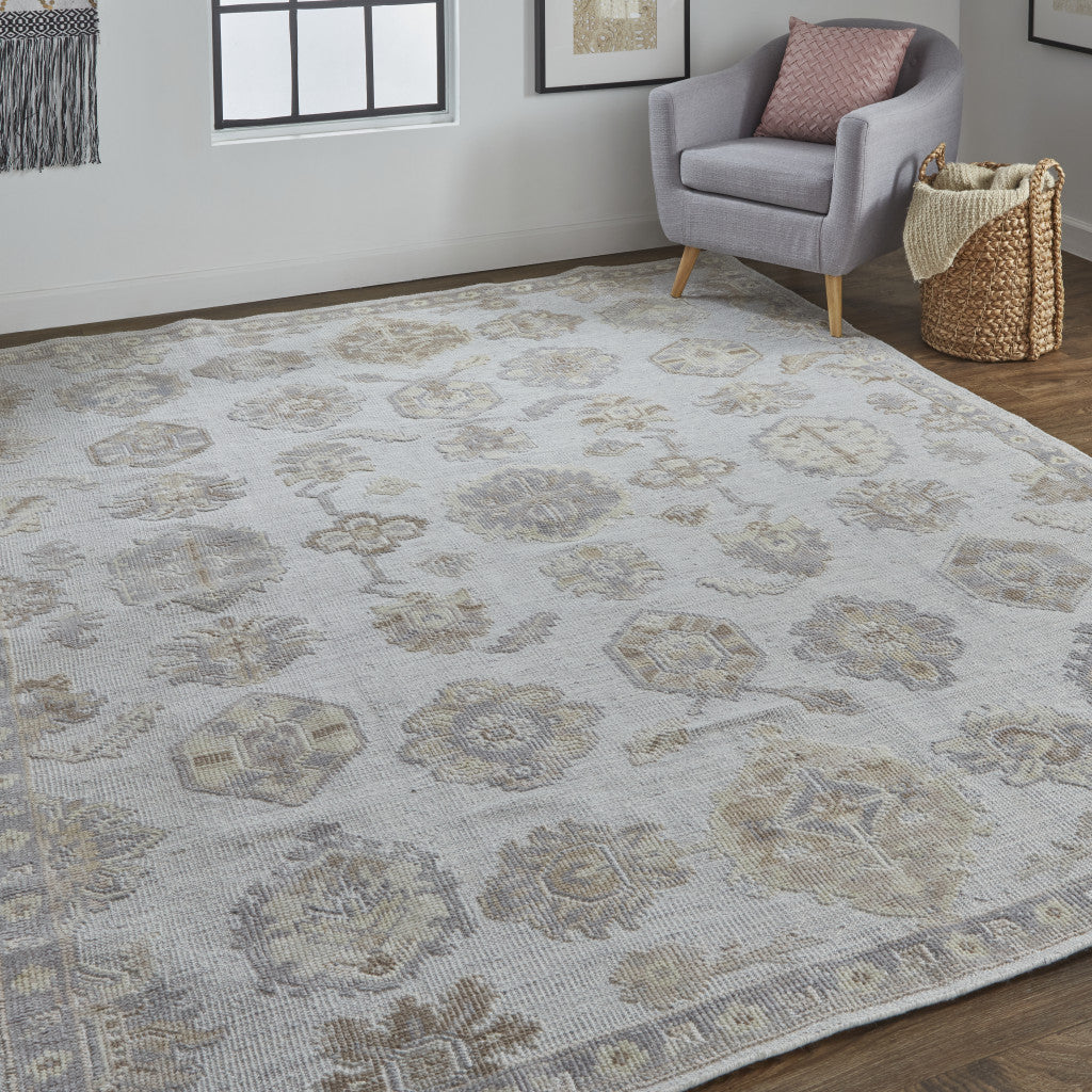 Stain-Resistant Gray and Ivory Hand-Knotted Floral Area Rug - Unique Artisan Work