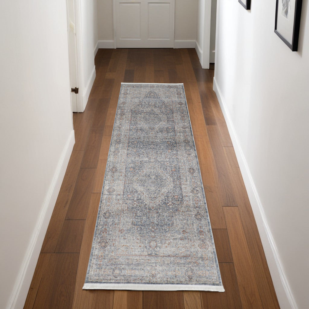 Exquisite Oriental Style Area Runner Rug with Worn and Faded Pattern, Fringed and Stain-Resistant for Family Living Spaces