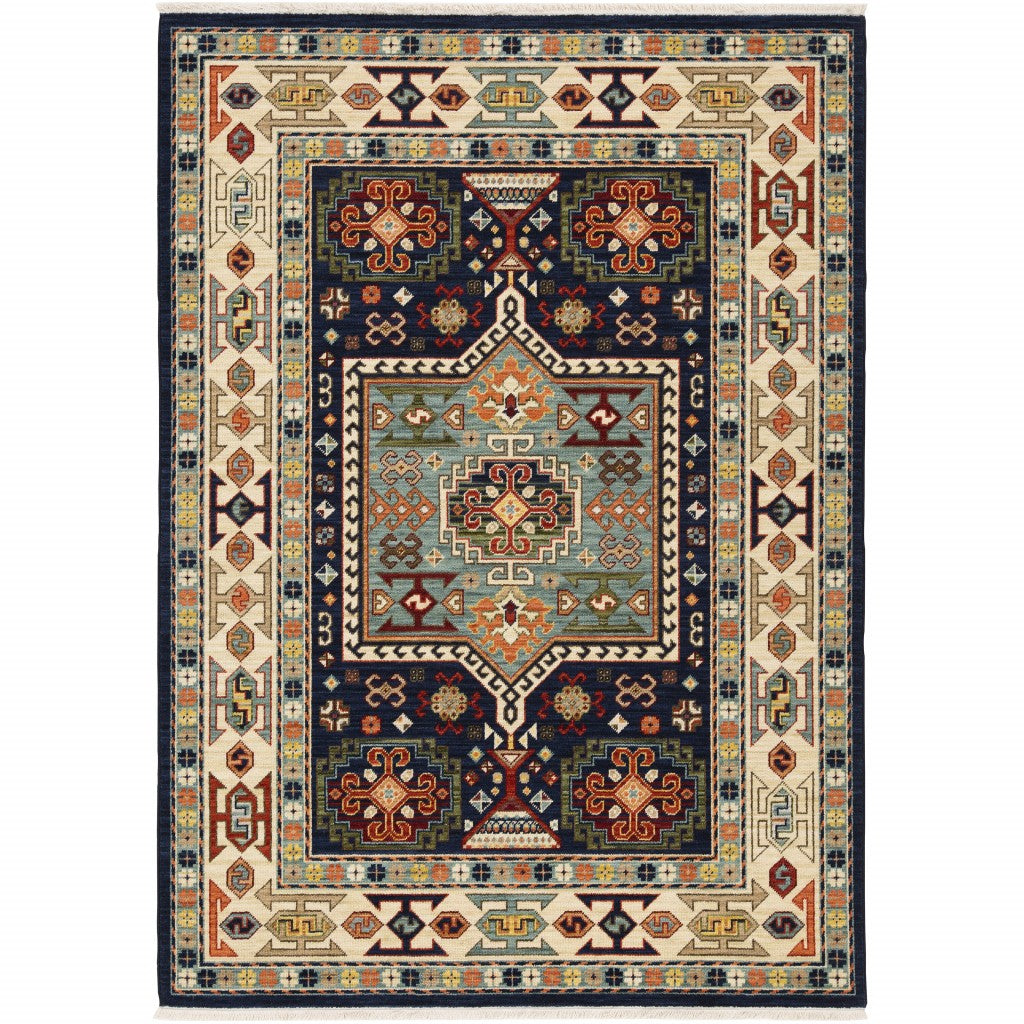 Durable Blue and Ivory Geometric Oriental Scatter Rug for High-Traffic Indoor Areas