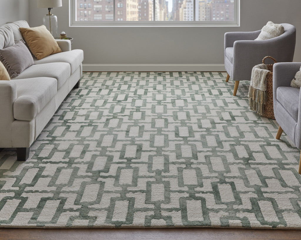 Exquisite Handmade Geometric Wool Blend Area Rug with Elegant Ivory and Green Design for Sophisticated Living Spaces