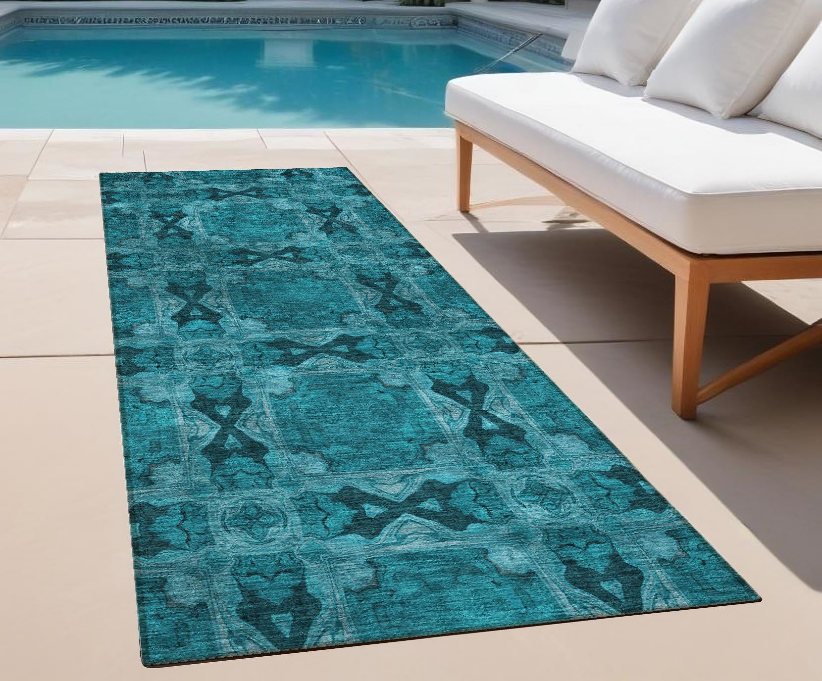 Stain-Resistant, Non-Skid Washable Teal Floral Medallion Round Runner Rug for Indoors & Outdoors