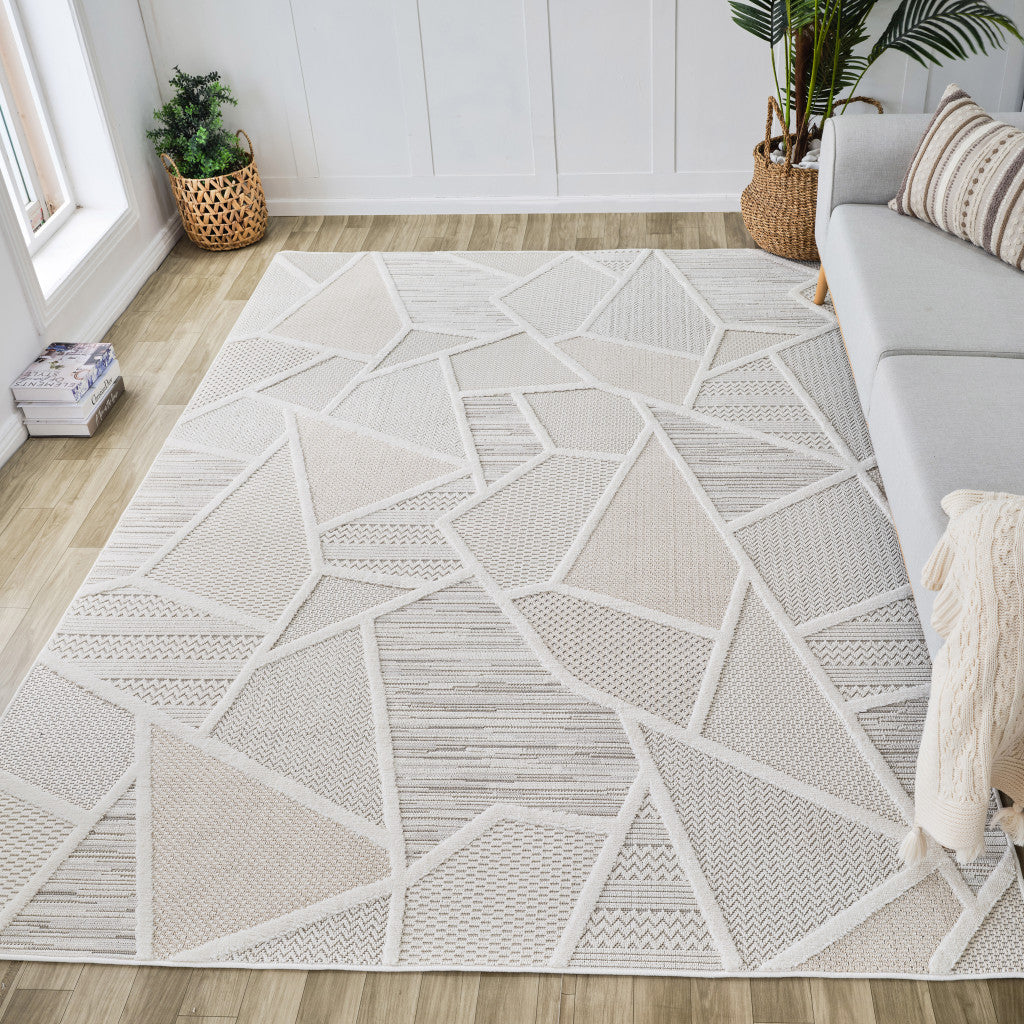 Durable and Stain-Resistant 7' x 10' Cream & Beige Geometric Distressed Area Rug
