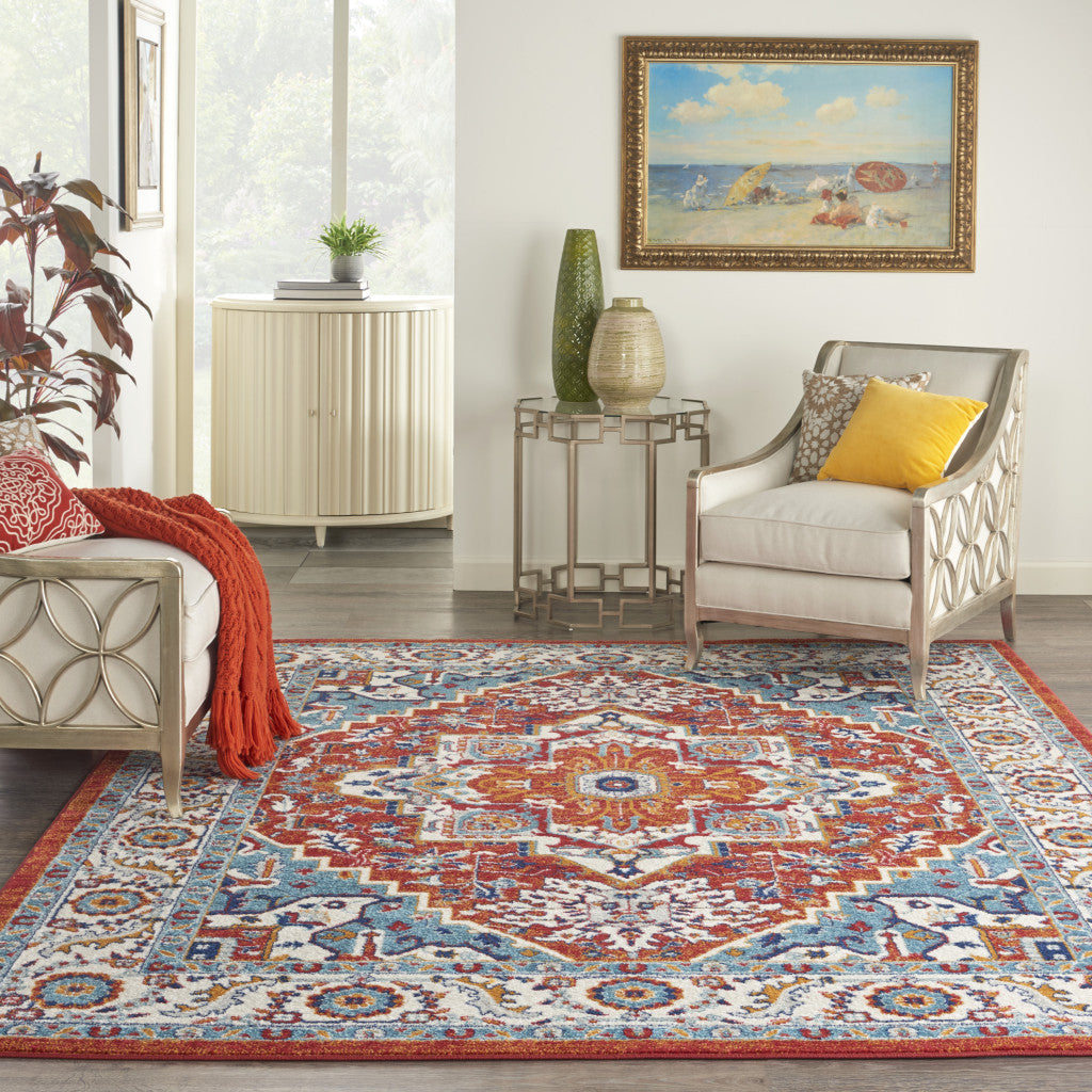 Exquisite Red and Ivory Medallion Turkish Area Rug for Timeless Home Decor