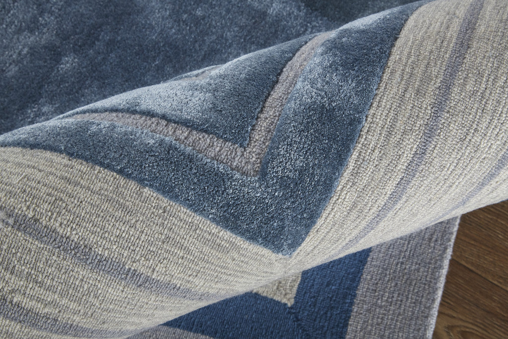 Exquisite Handmade Wool Striped Area Rug in Blue, Ivory, and Gray for Elegant Living Space Enhancement