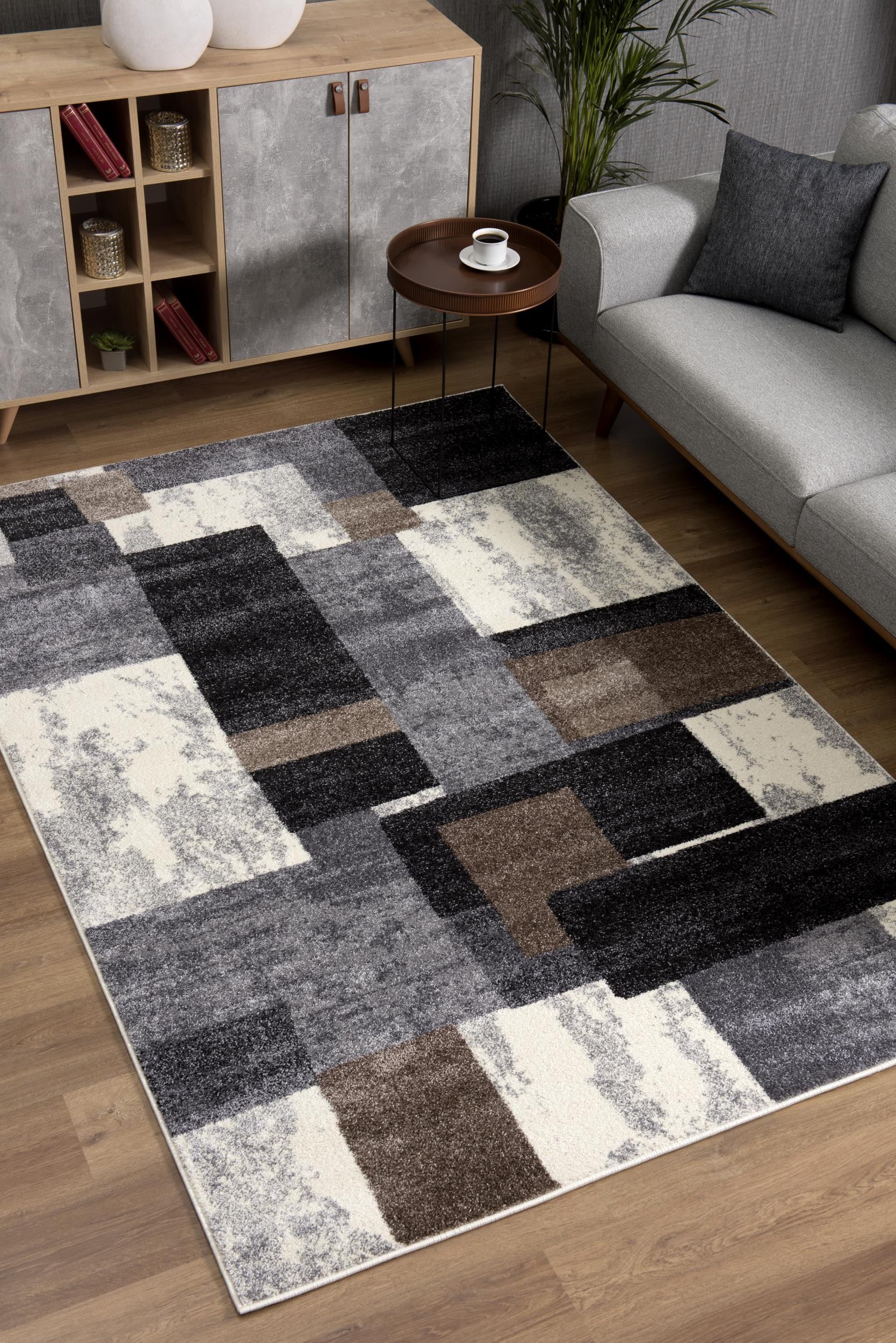 Soft and Stain-Resistant Modern Geometric Area Rug in Gray, Black & Brown for Home Coziness