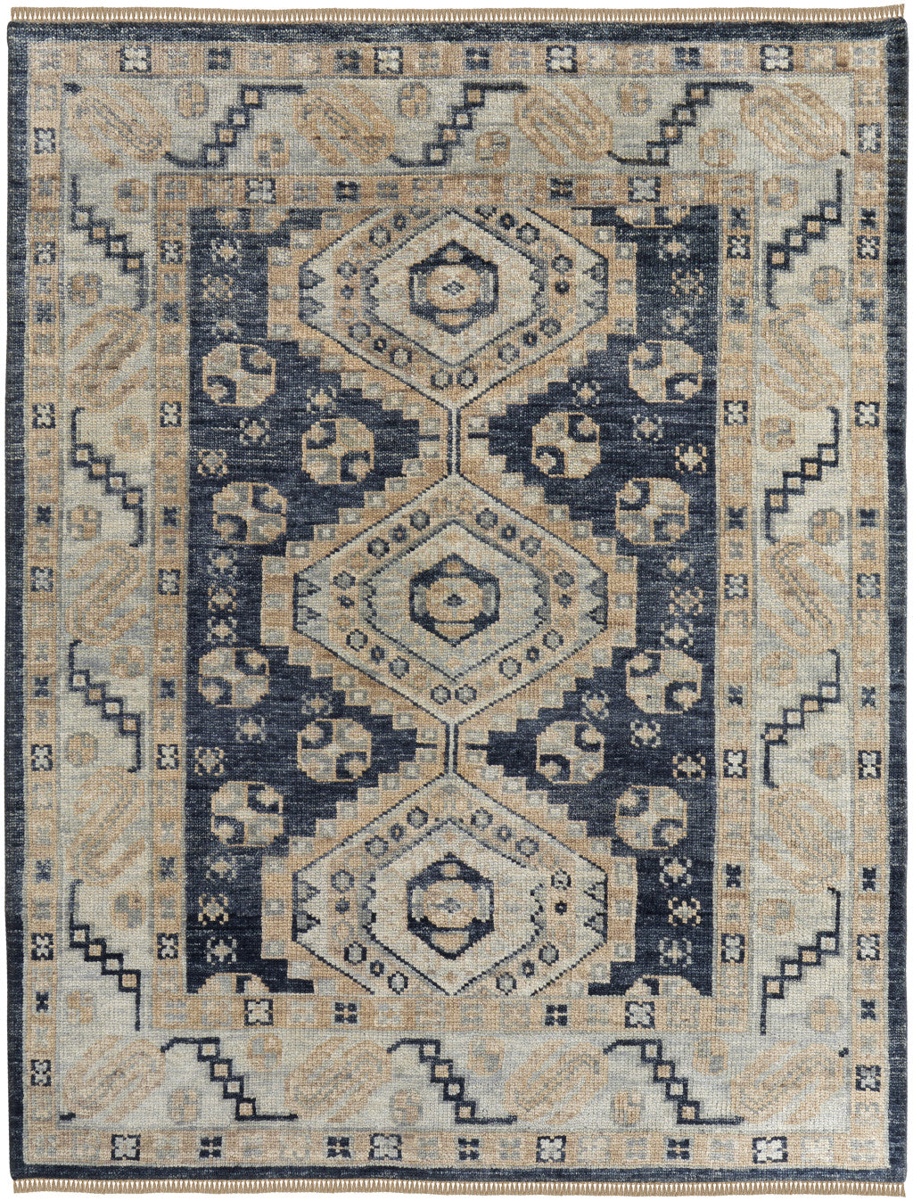 8-Foot Hand-Knotted Wool Runner Rug with Blue and Ivory Geometric Design and Fringe