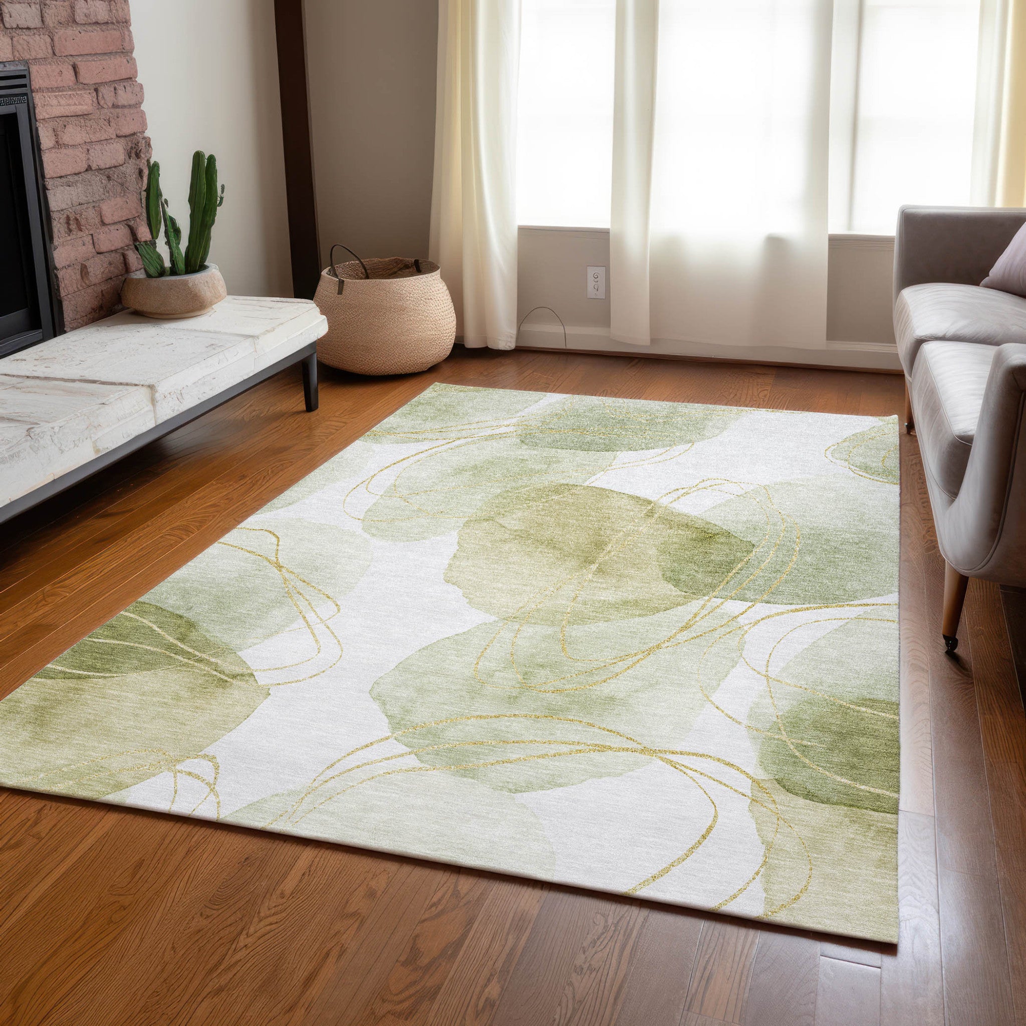 Modern Washable, Non-Skid, Stain-Resistant Green & Ivory Abstract Indoor-Outdoor Runner Rug