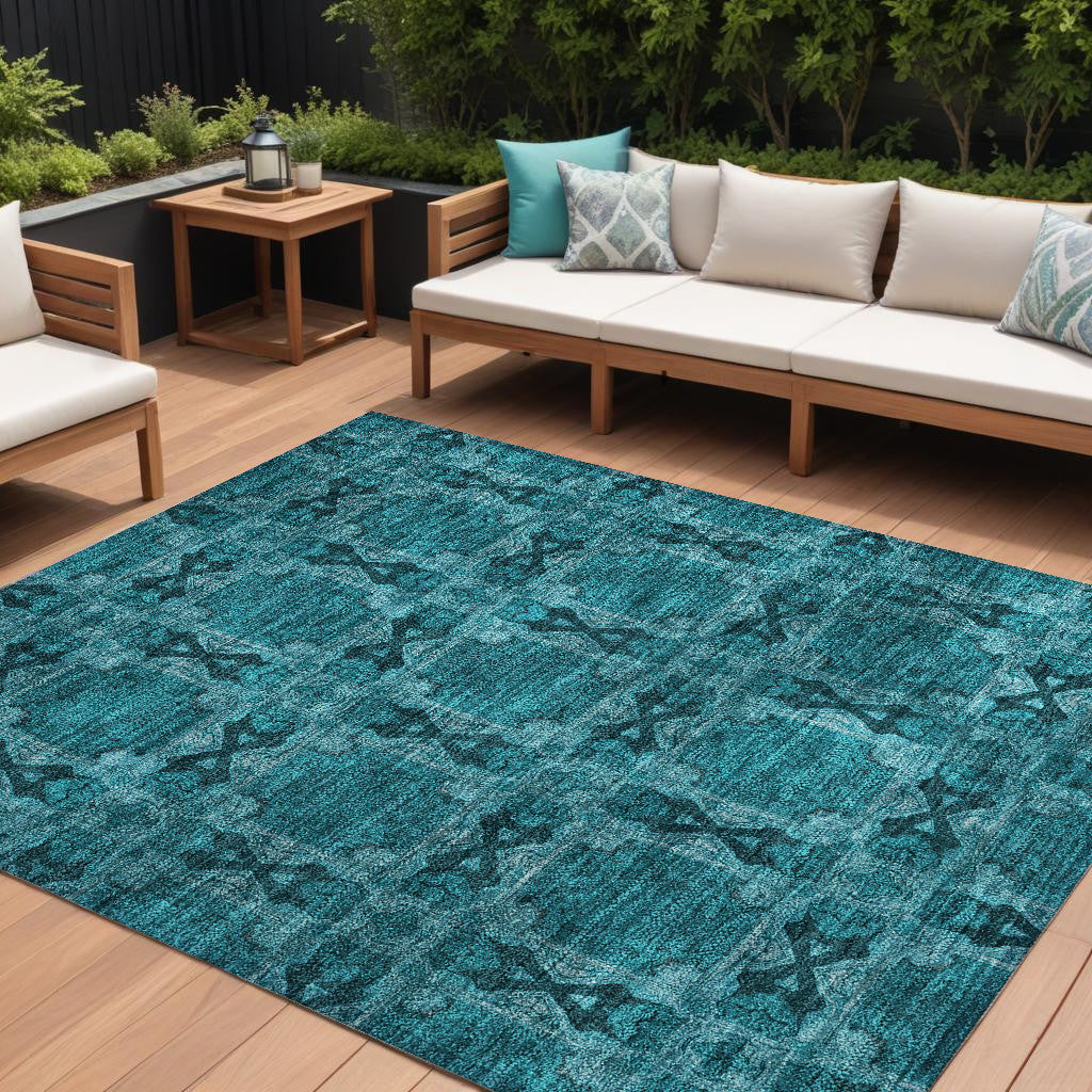 Stain-Resistant, Non-Skid Washable Teal Floral Medallion Round Runner Rug for Indoors & Outdoors