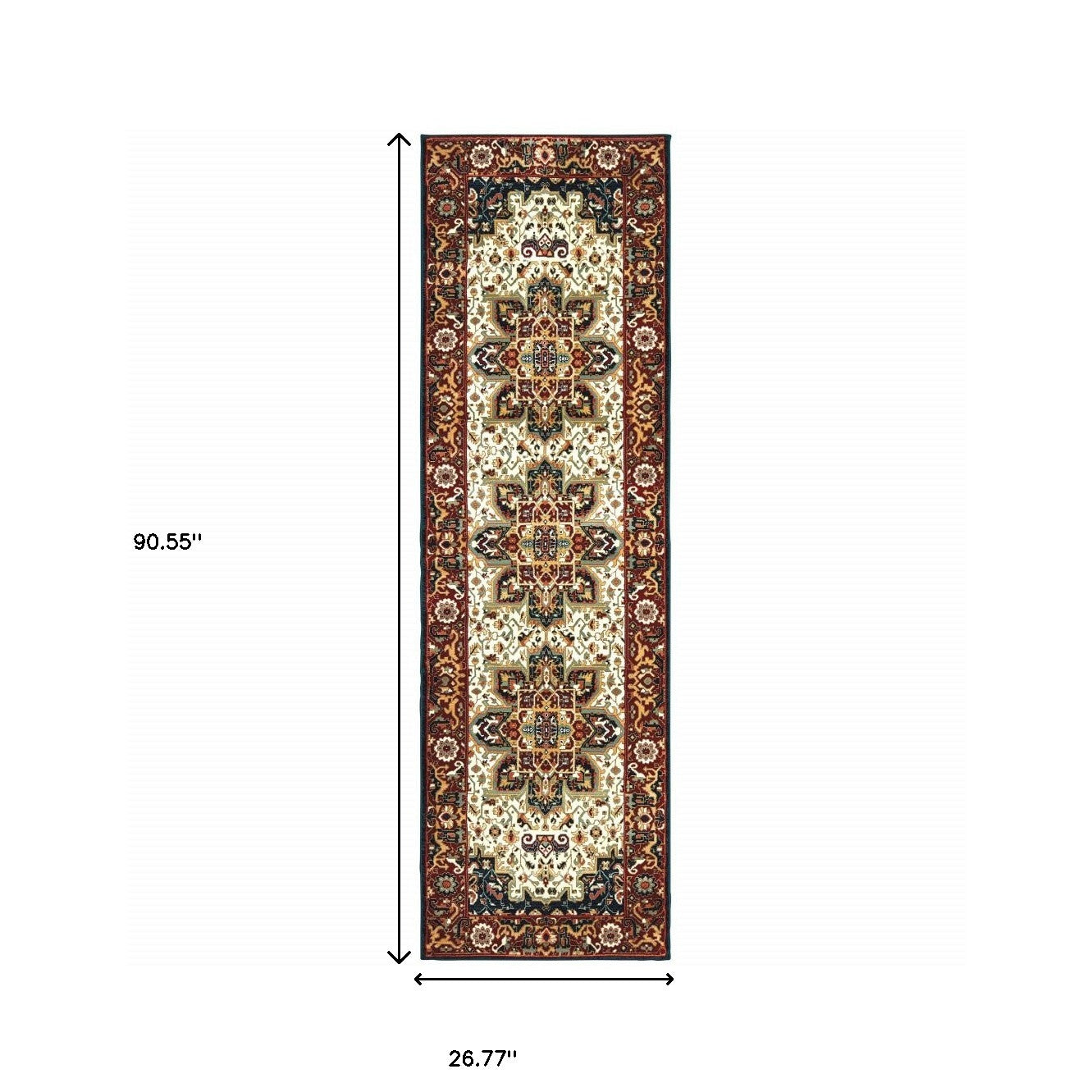 Red and Ivory Stain-Resistant Oriental Runner Rug Ideal for Pet and Kid Areas