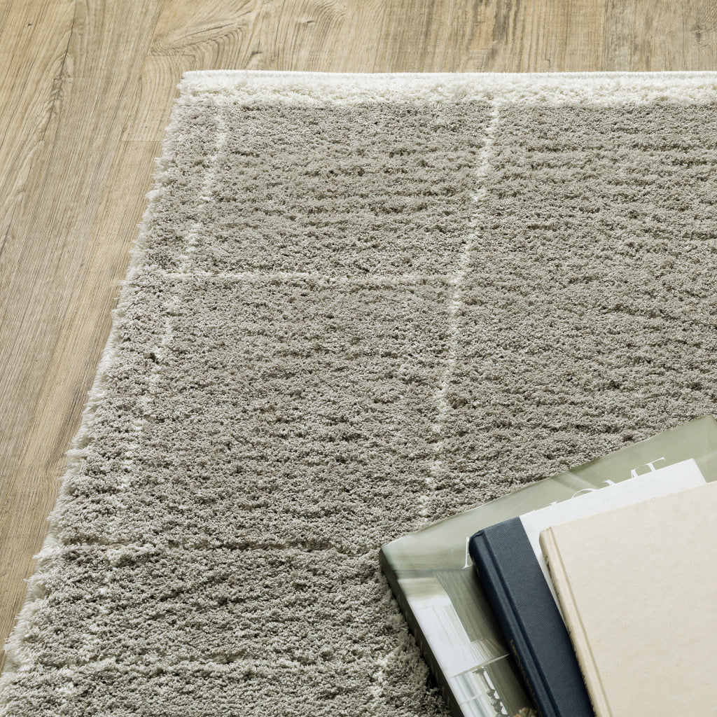 Luxurious Indoor Geometric Shag Runner Area Rug with Grey and Ivory Design, Stain-Resistant for Elegant Living Spaces