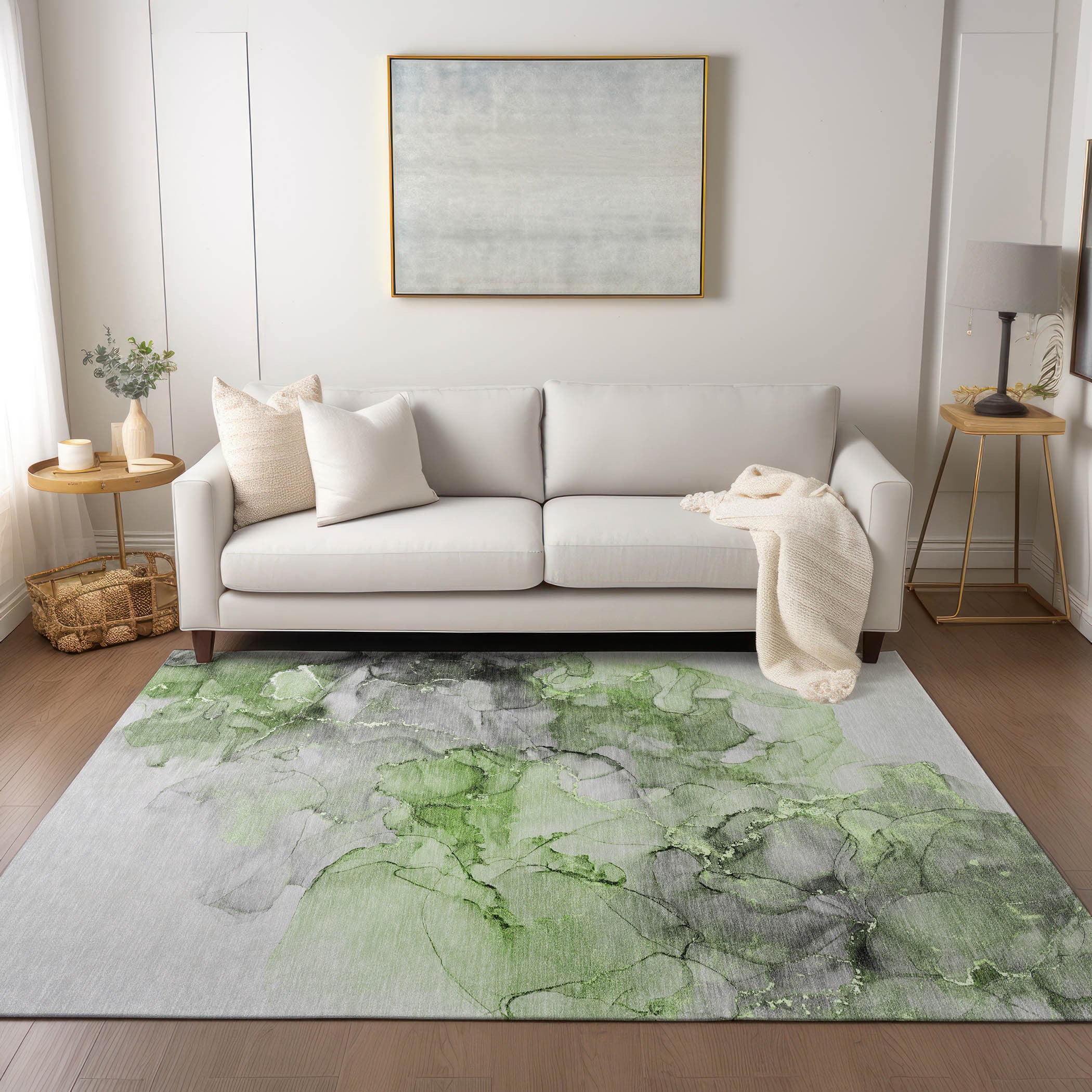 Stylish and Functional Green Abstract Washable Indoor-Outdoor Runner Rug with Stain-Resistant and Non-Skid Features