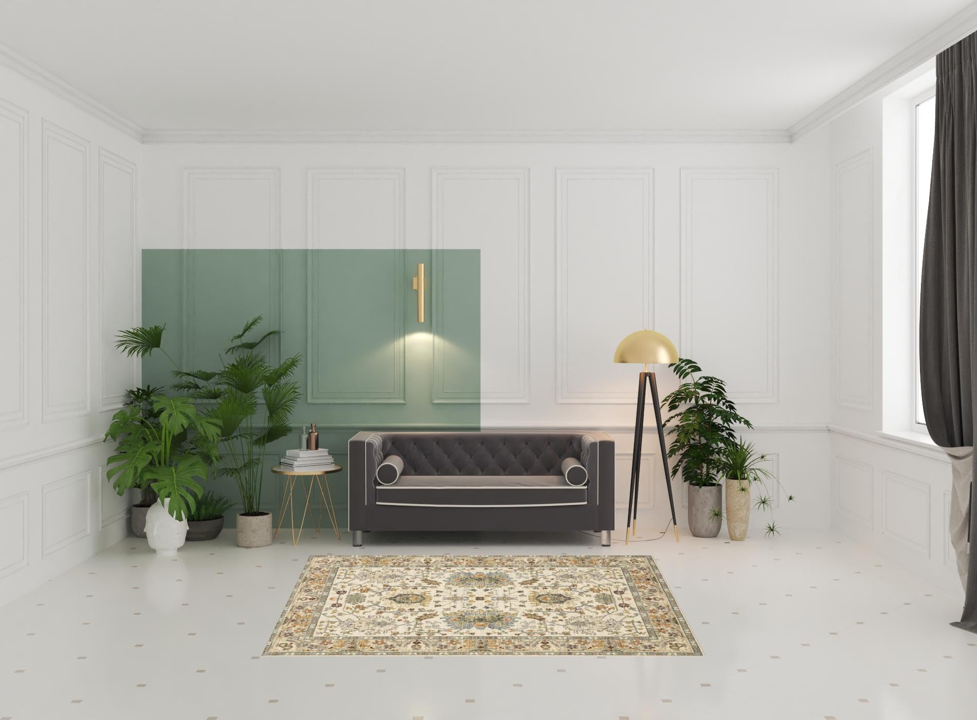 Ivory Stain-Resistant Oriental Fringed Area Rug for Family Homes