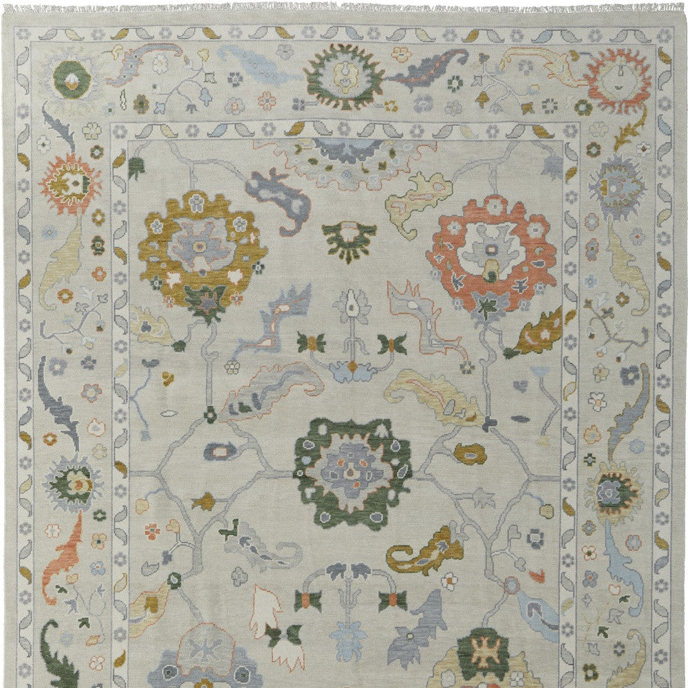 Stain-Resistant Hand-Knotted Gray and Gold Floral Area Rug for Timeless Home Decor