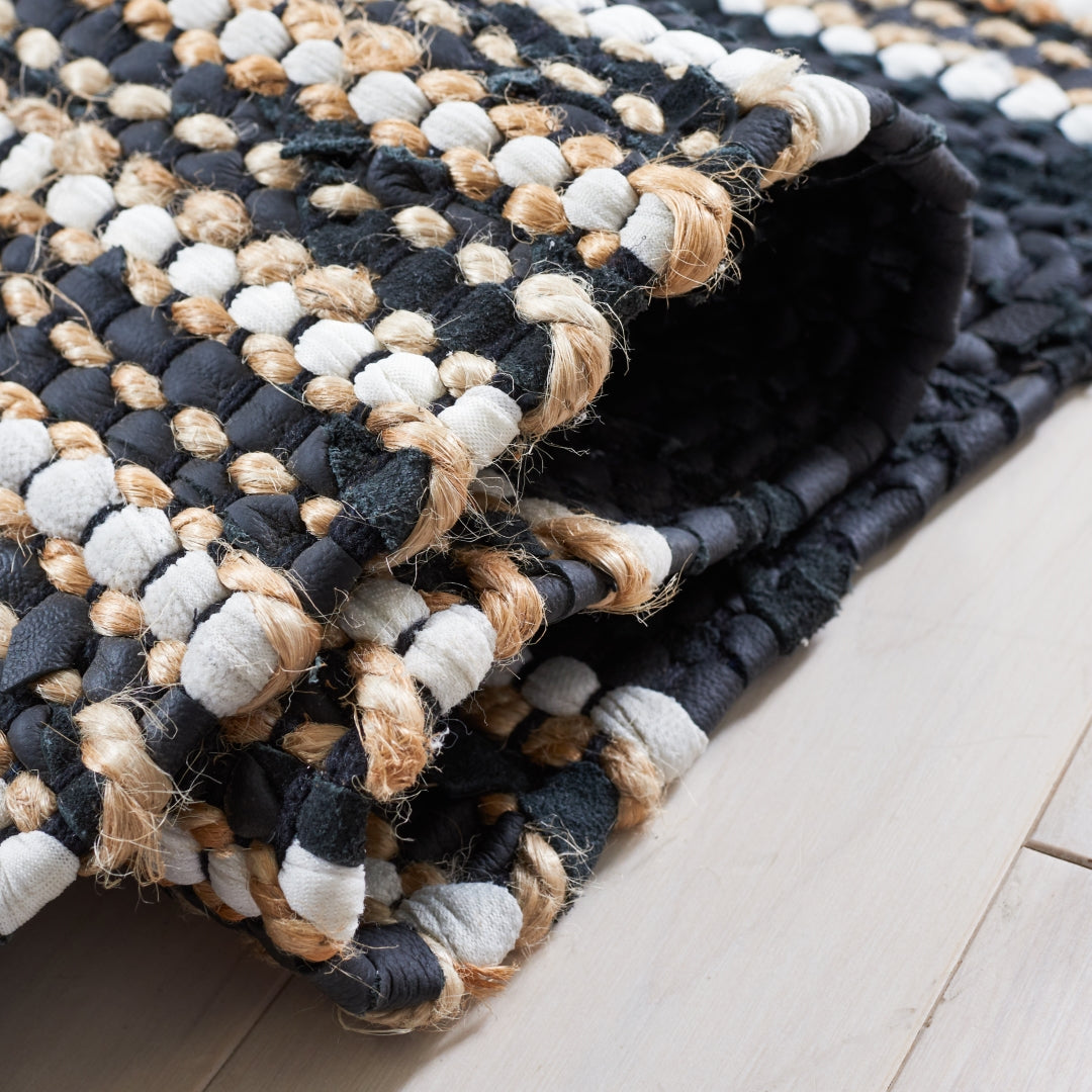 Luxurious Vintage Hand-Woven Leather & Jute Rug for Elegant Home Decor