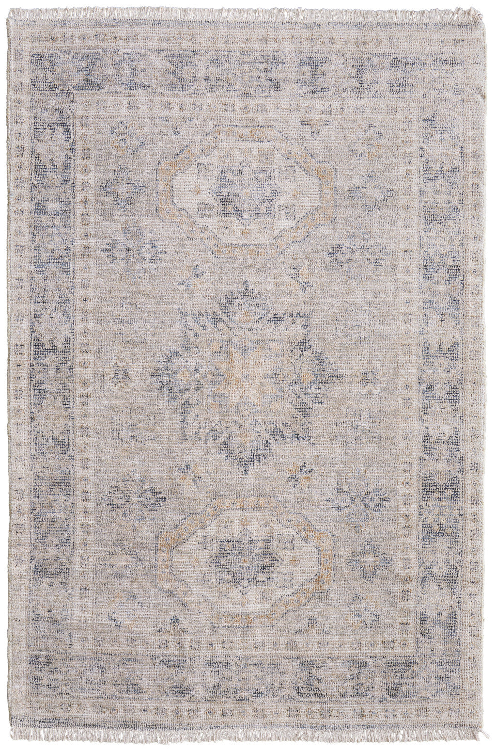 Elegant Hand-Woven Distressed Tan Oriental Area Rug with Fringe for Timeless Decor