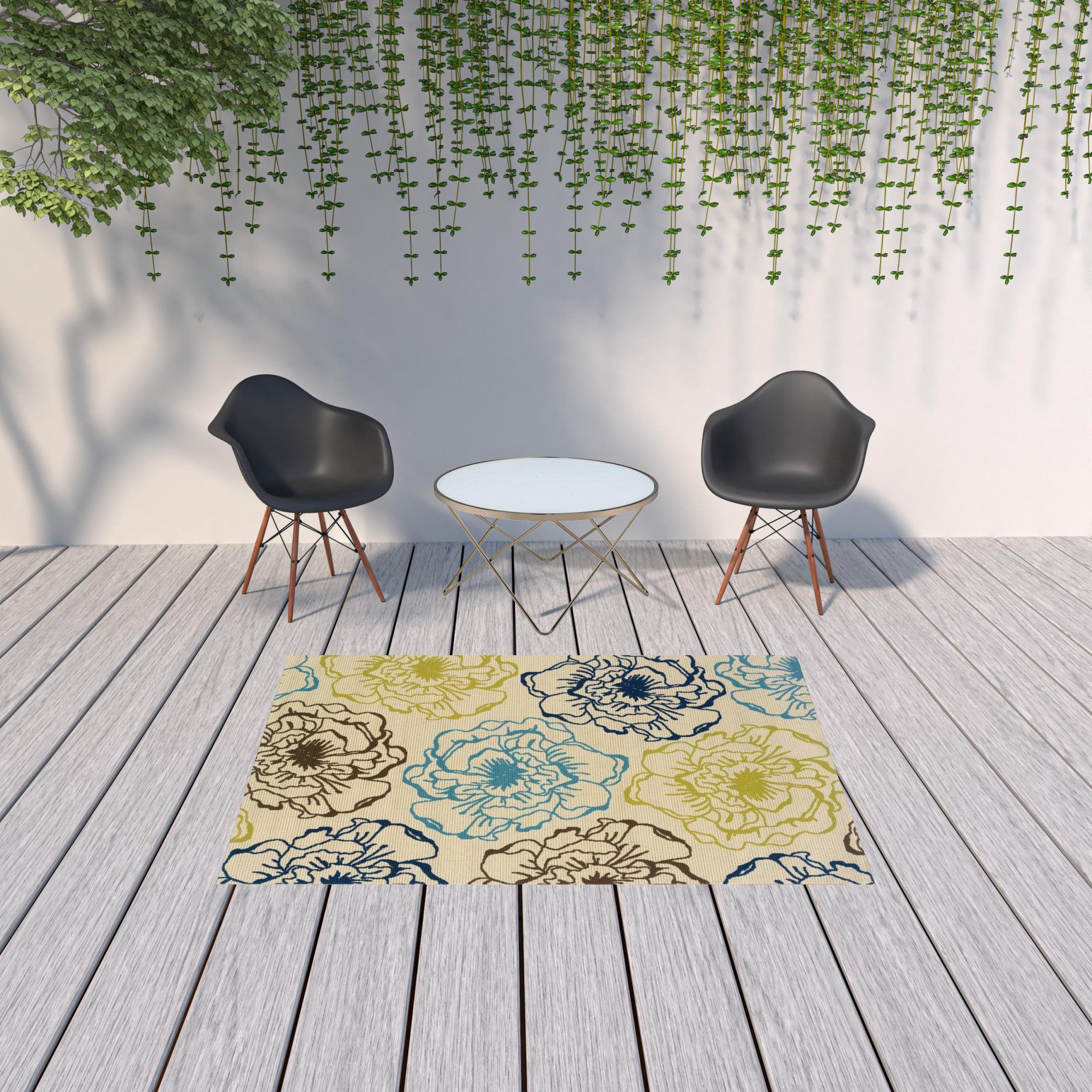 Stain-Resistant Green and Ivory Floral Outdoor and Indoor Area Rugs for Various Spaces