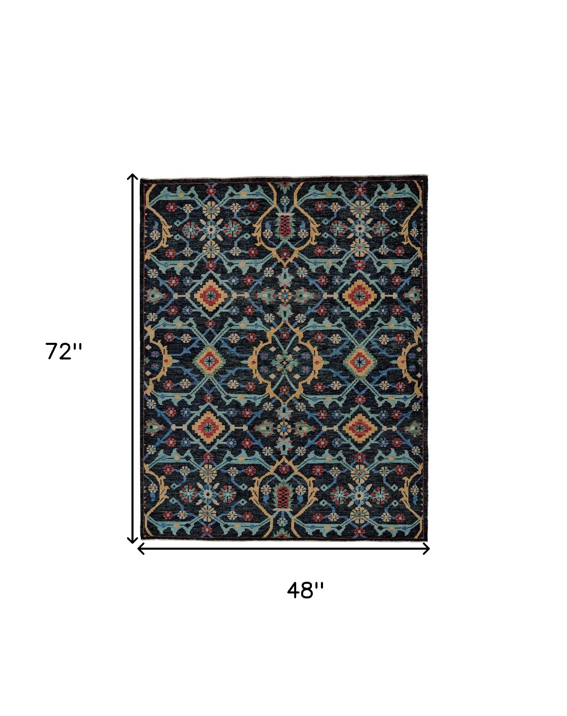 Exquisite Hand-Knotted Wool Tribal Area Rug in Black, Blue & Orange with Fringe