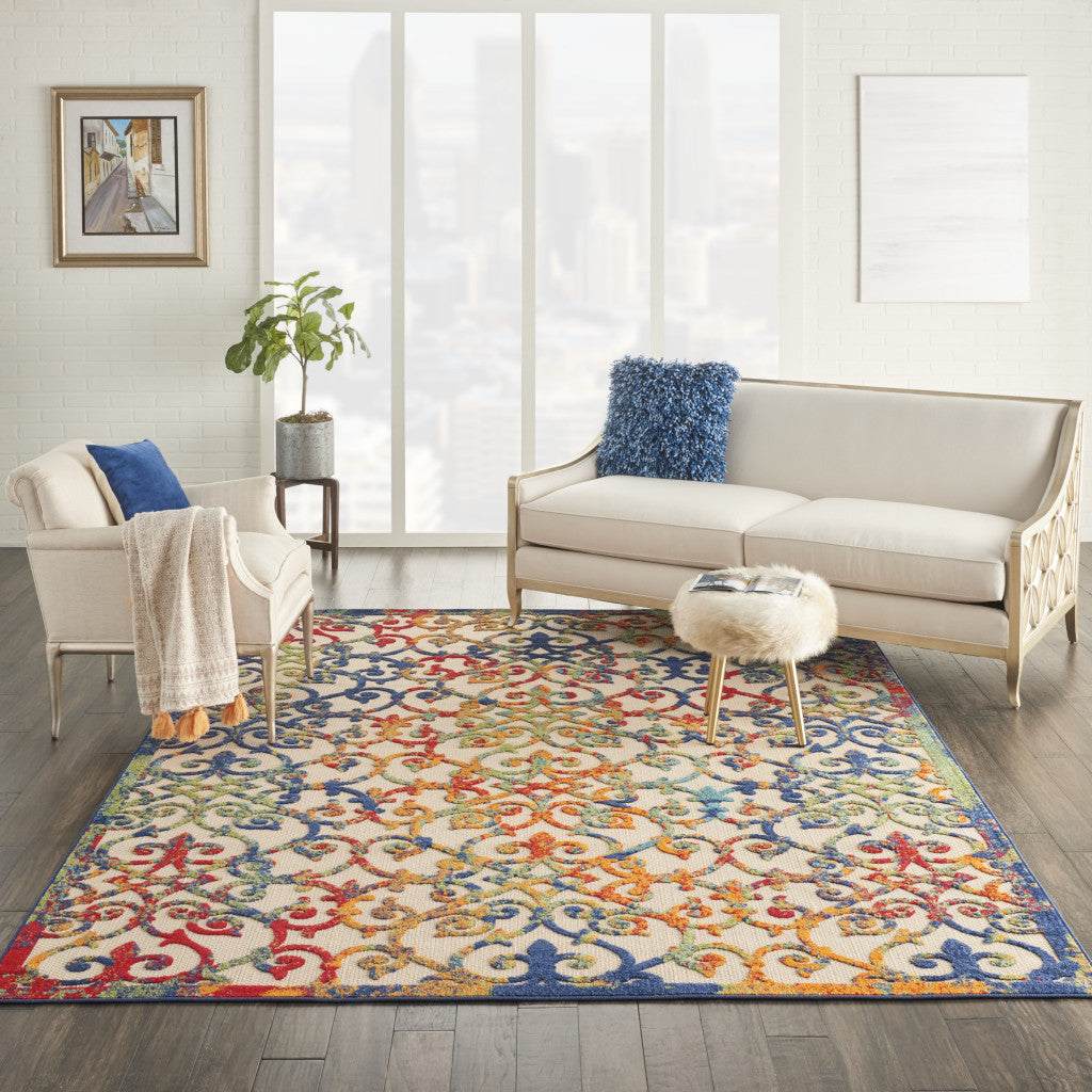 Stylish Outdoor and Indoor Elegant Ivory and Blue Floral Area Rug for Various Living Spaces