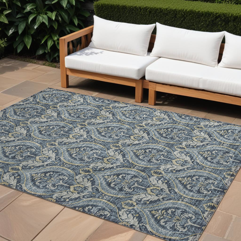Stylish Washable and Stain - Resistant Non - Skid Damask Design Indoor Outdoor Runner Rug Measuring 27 Inches by 90 Inches
