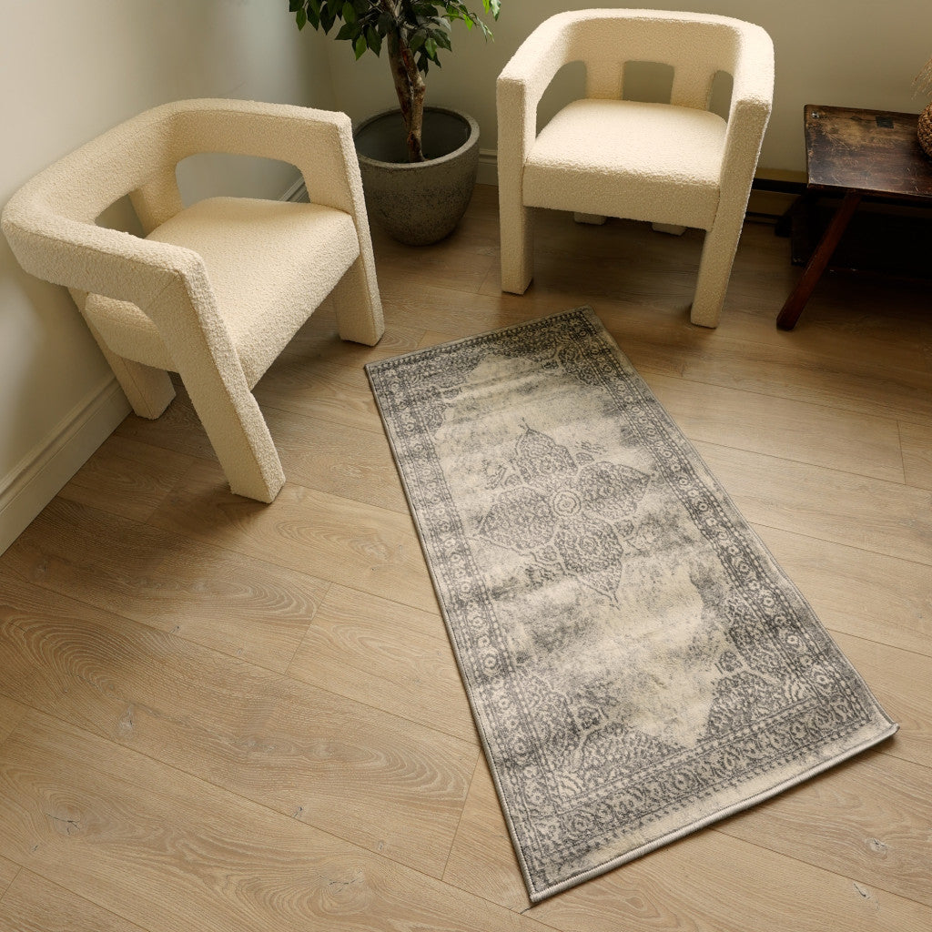 Elegant Gray Distressed Medallion Runner Rug - Durable, Soft for Home & Commercial Decor