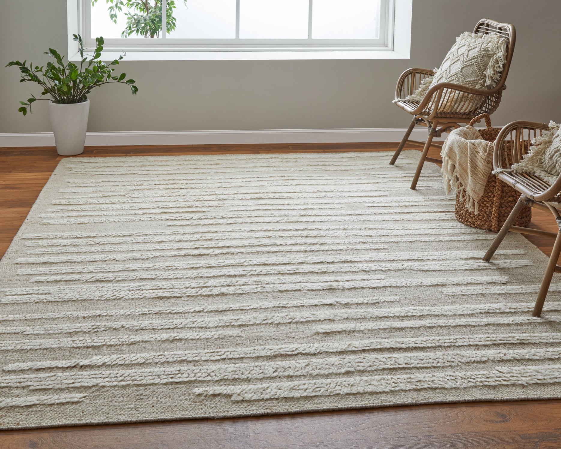 Exquisite Hand-Woven Wool Area Rug from Ashby Collection - Modern Neutral Stripes Blended with Abstract Geometric Designs for Every Room in Your Home