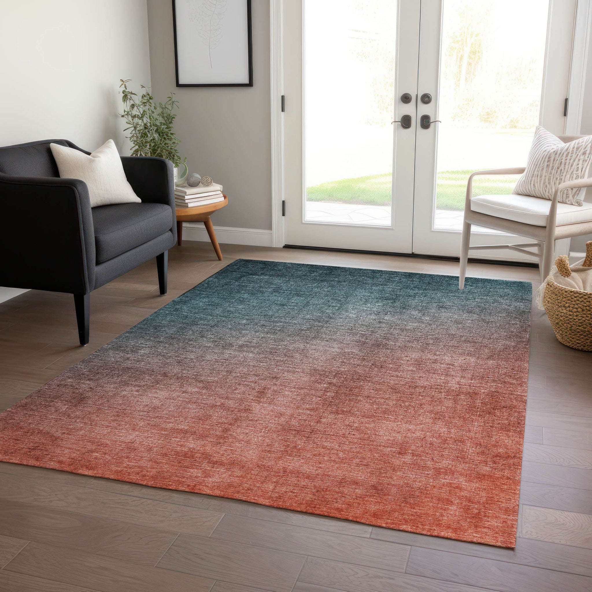 Stylish Ombre Teal and Red Orange Washable and Stain - Resistant Runner Outdoor Rugs for Both Indoor and Outdoor Decor