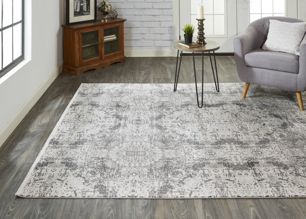 Elegant Ivory Taupe Distressed Abstract Area Rug with Fringe for Cozy Spaces