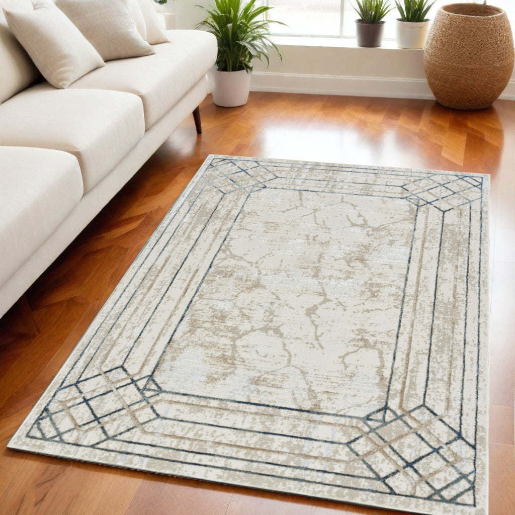 Stylish Modern 5-Foot by 7-Foot Stain-Resistant Area Rug in Ivory, Blue, and Gray Geometric Design for Home Use with Non-Skid Feature