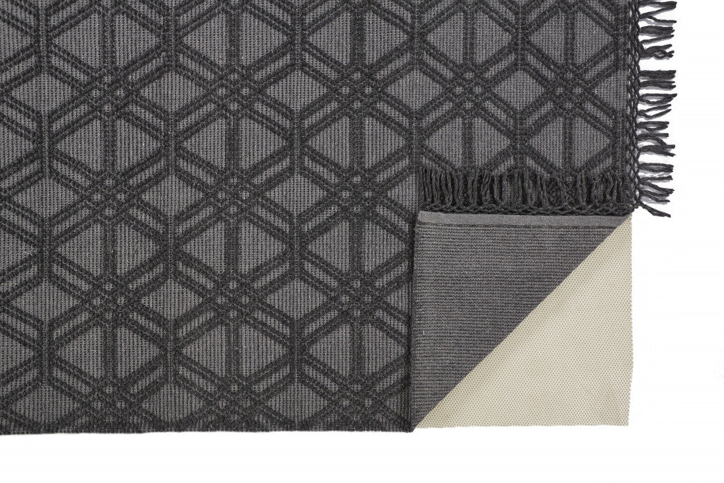 Exquisite Hand-Woven Geometric Black and Gray Area Rug with Fringed Tassels - A Distinctive Artisan-Crafted Floor Covering