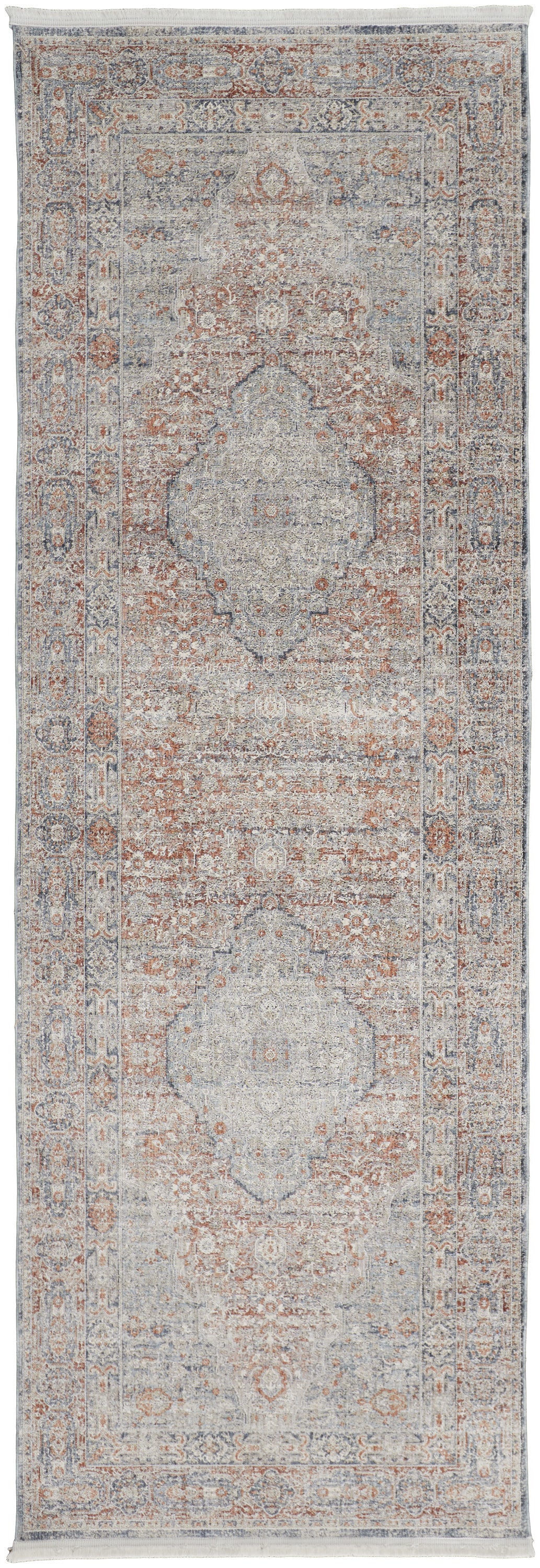 Exquisite Oriental Style Area Runner Rug with Worn and Faded Pattern, Fringed and Stain-Resistant for Family Living Spaces