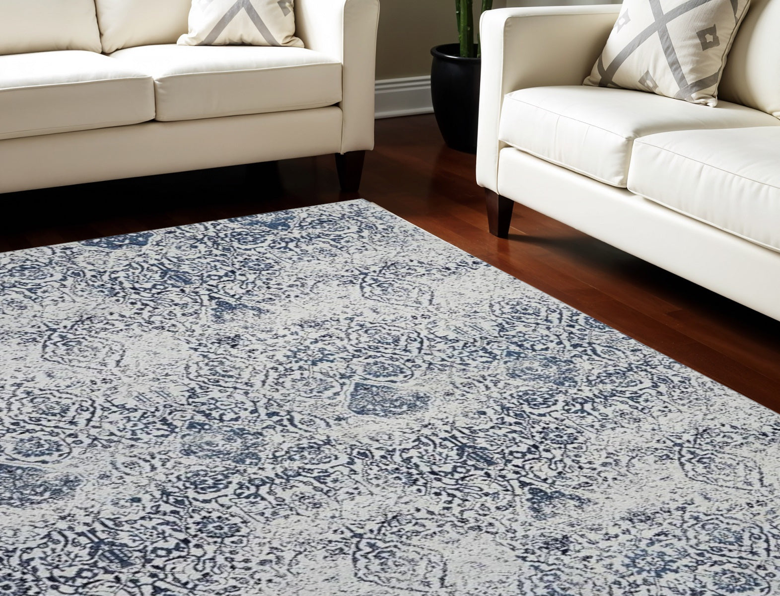 Durable, Stain-Resistant Navy Blue & Ivory Damask Distressed Area Rug for Homes
