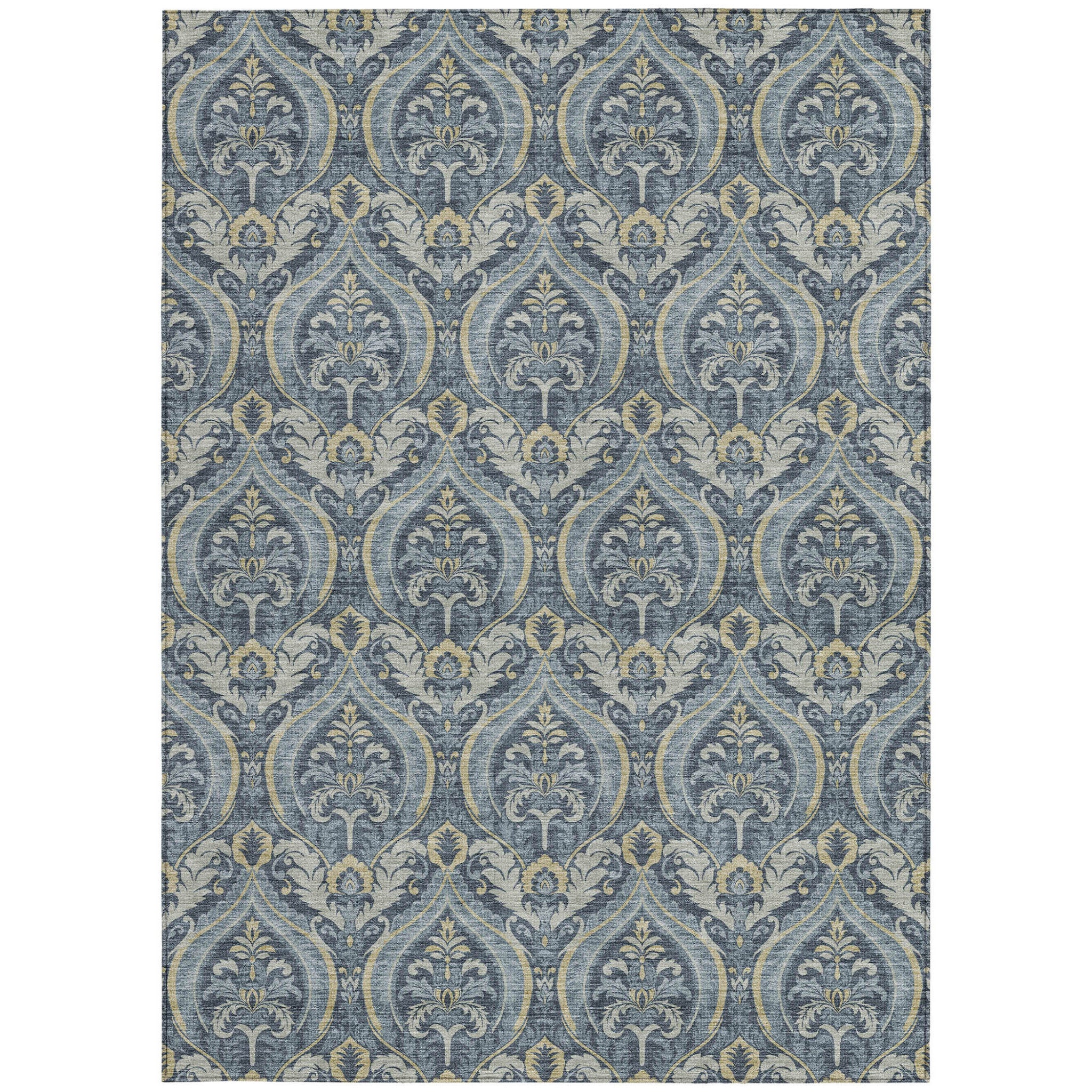 Stylish Washable and Stain - Resistant Non - Skid Damask Design Indoor Outdoor Runner Rug Measuring 27 Inches by 90 Inches