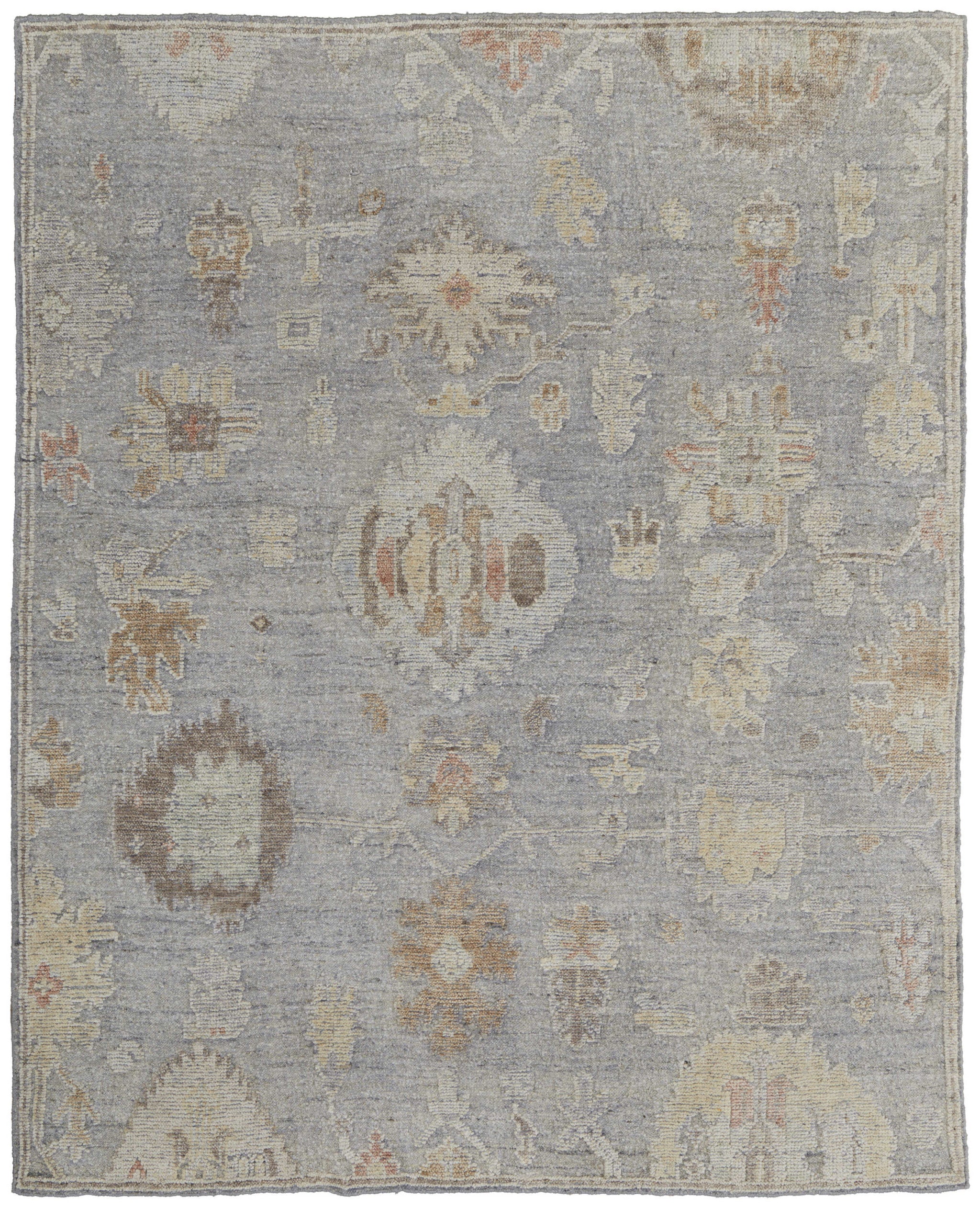 Stain-Resistant Hand-Knotted Wool Area Rug with Unique Gray & Blue Floral Design for Modern Homes