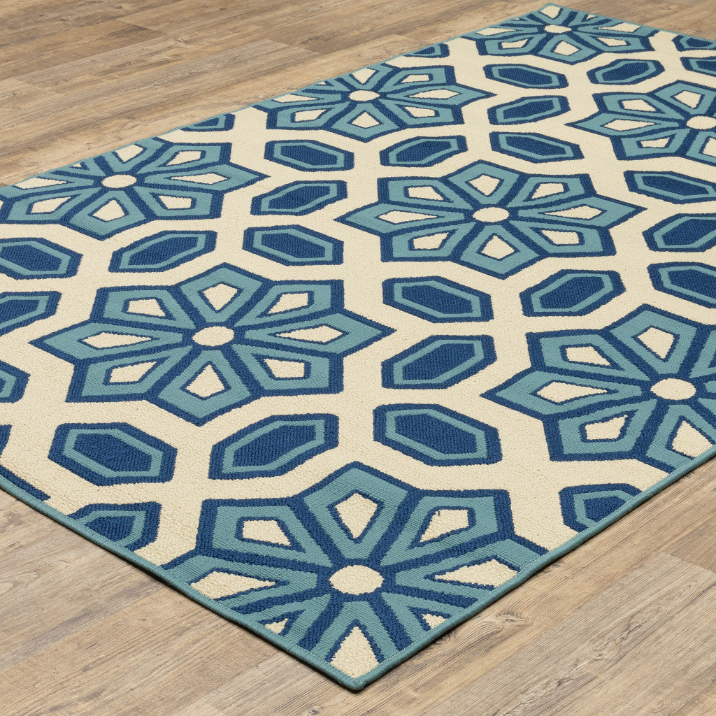 Ivory and Blue Geometric Stain-Resistant Outdoor Area Rug for Comfort and Style