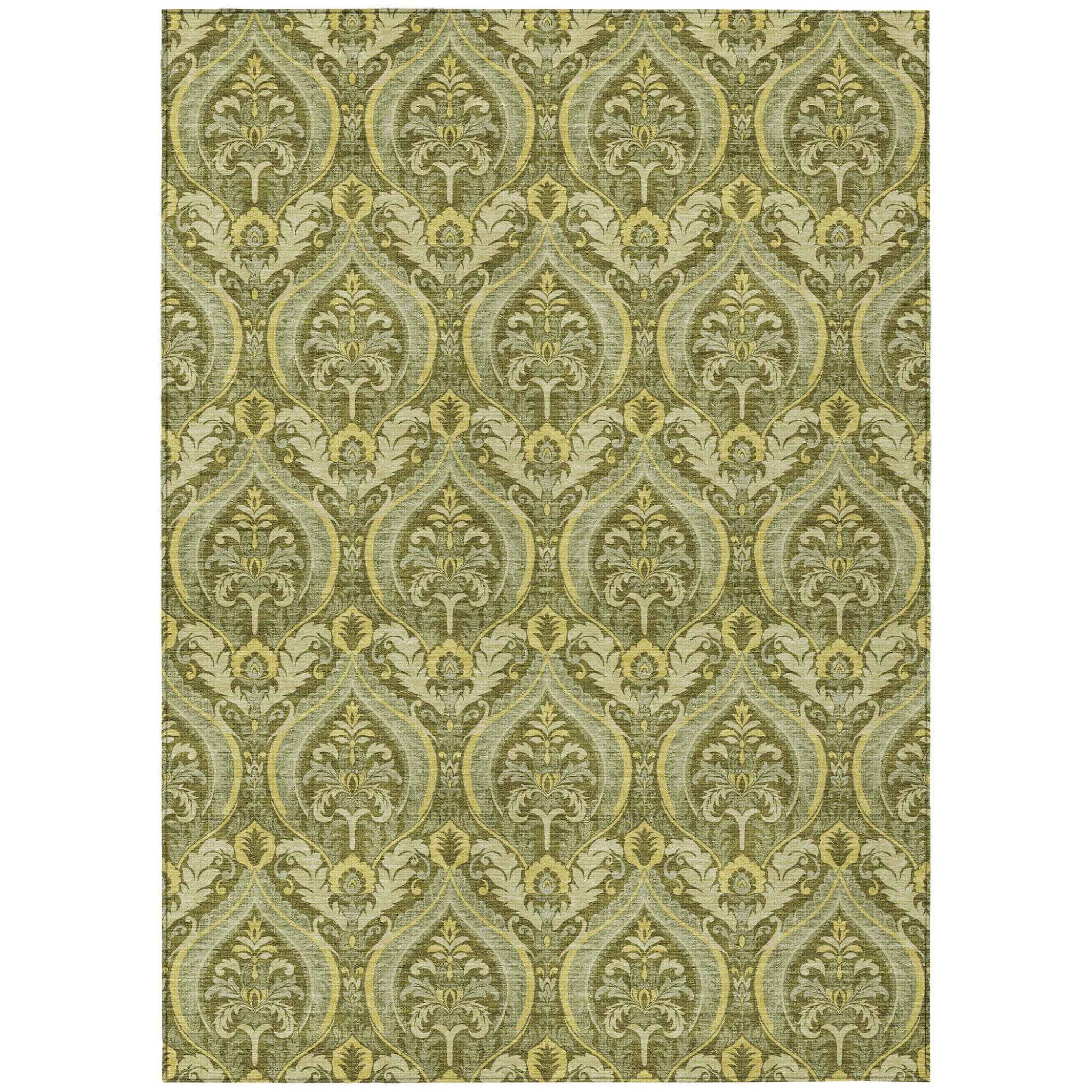 Stylish Washable and Stain - Resistant Non - Skid Damask Design Indoor Outdoor Runner Rug Measuring 27 Inches by 90 Inches