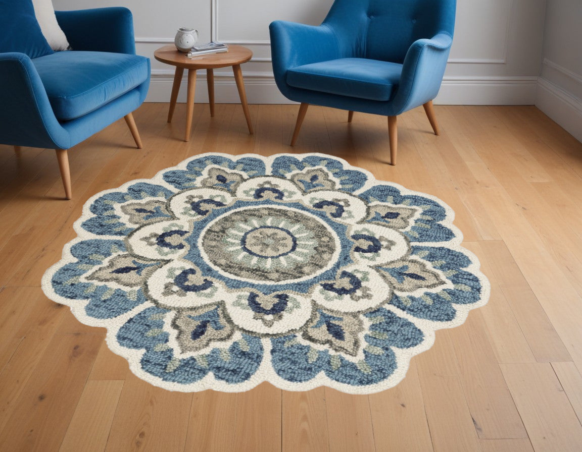 Stylish Hand-Tufted Blue and Cream Wool Floral Medallion Area Rug for Home Decor