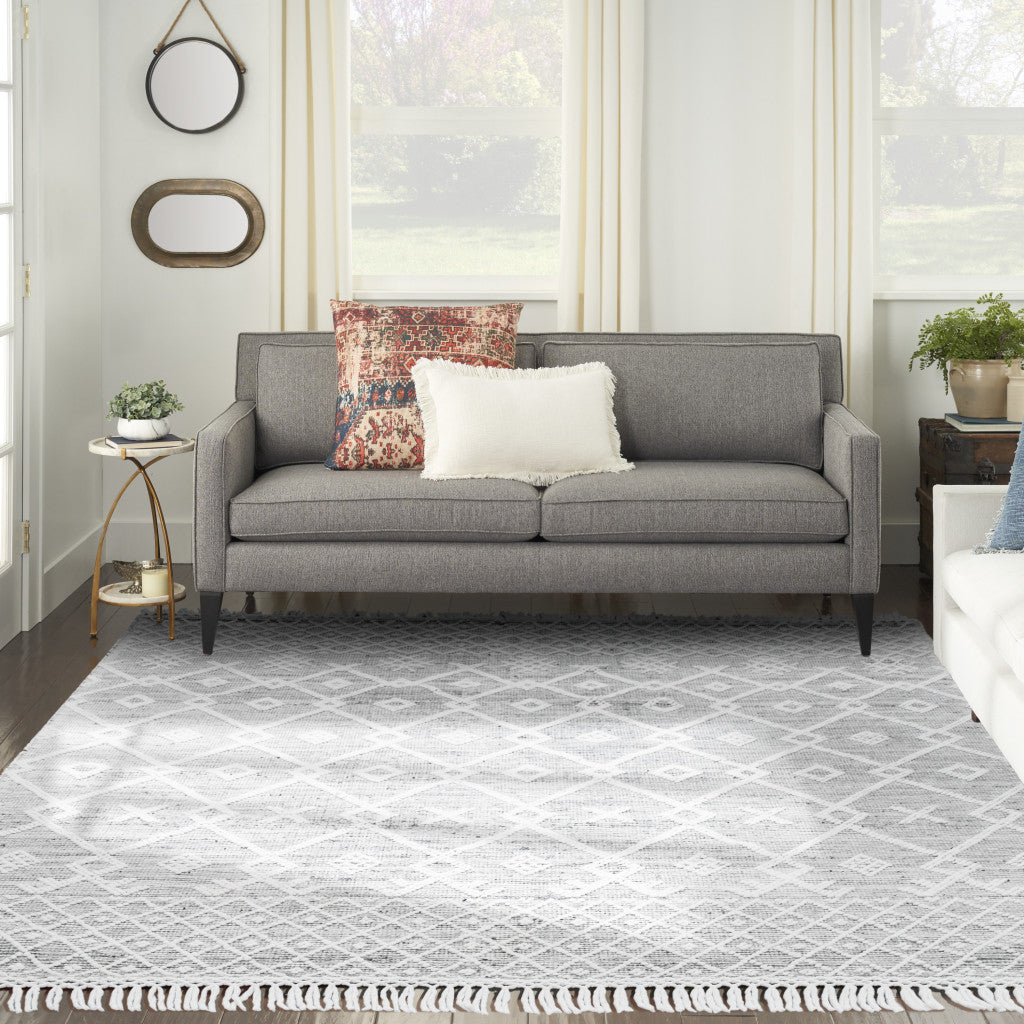 Elegant Gray and Ivory Hand-Woven Geometric Area Rug with Fringe for Home Décor