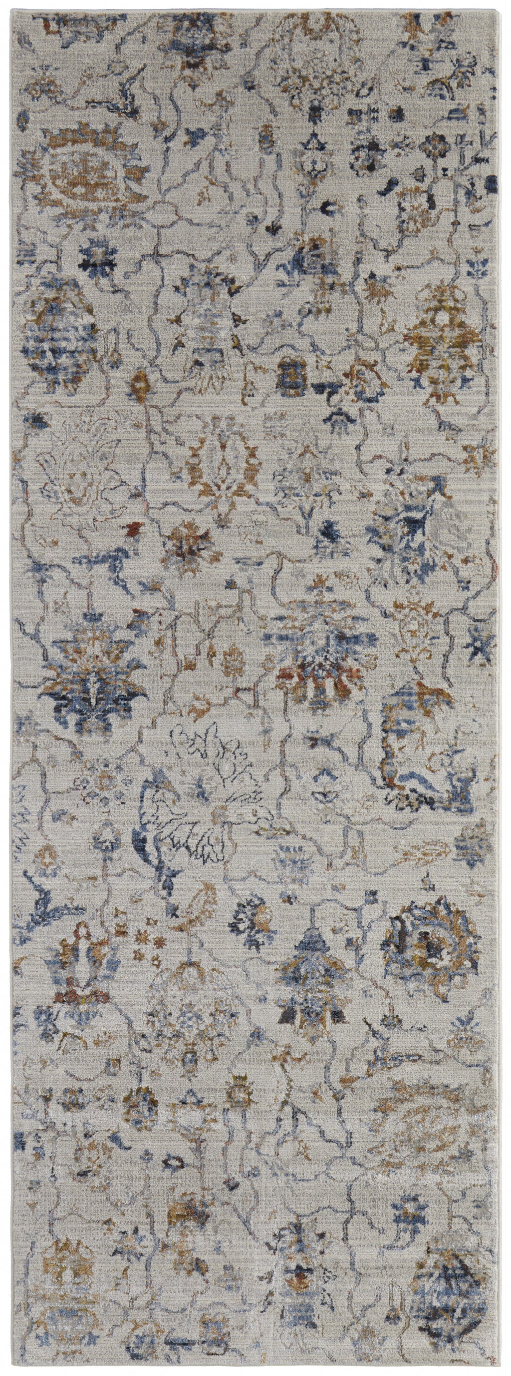 Exquisite Ivory, Orange and Blue Fringed Floral Area Rug - Non-Skid for Home Elegance