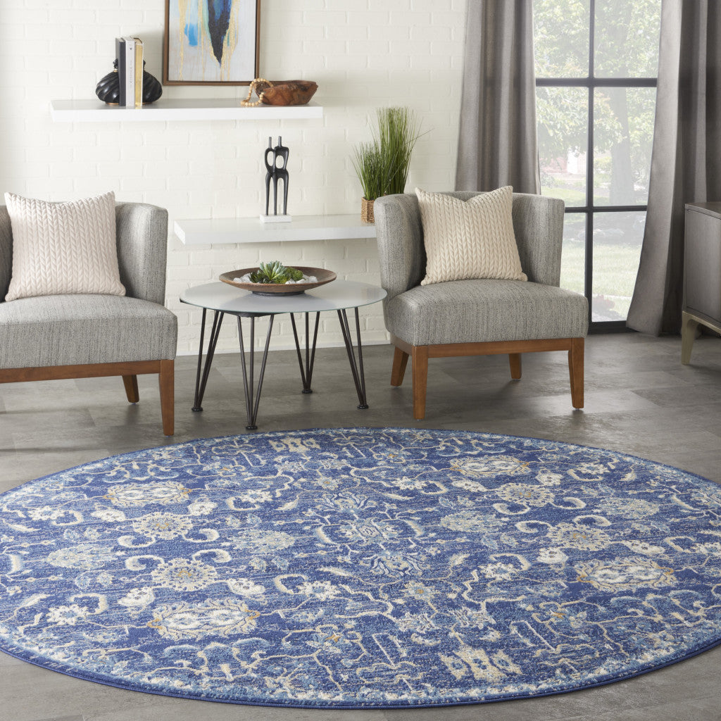 Exquisite 8-Foot Blue and Beige Round Floral Power Loom Area Rug for Warm Spaces