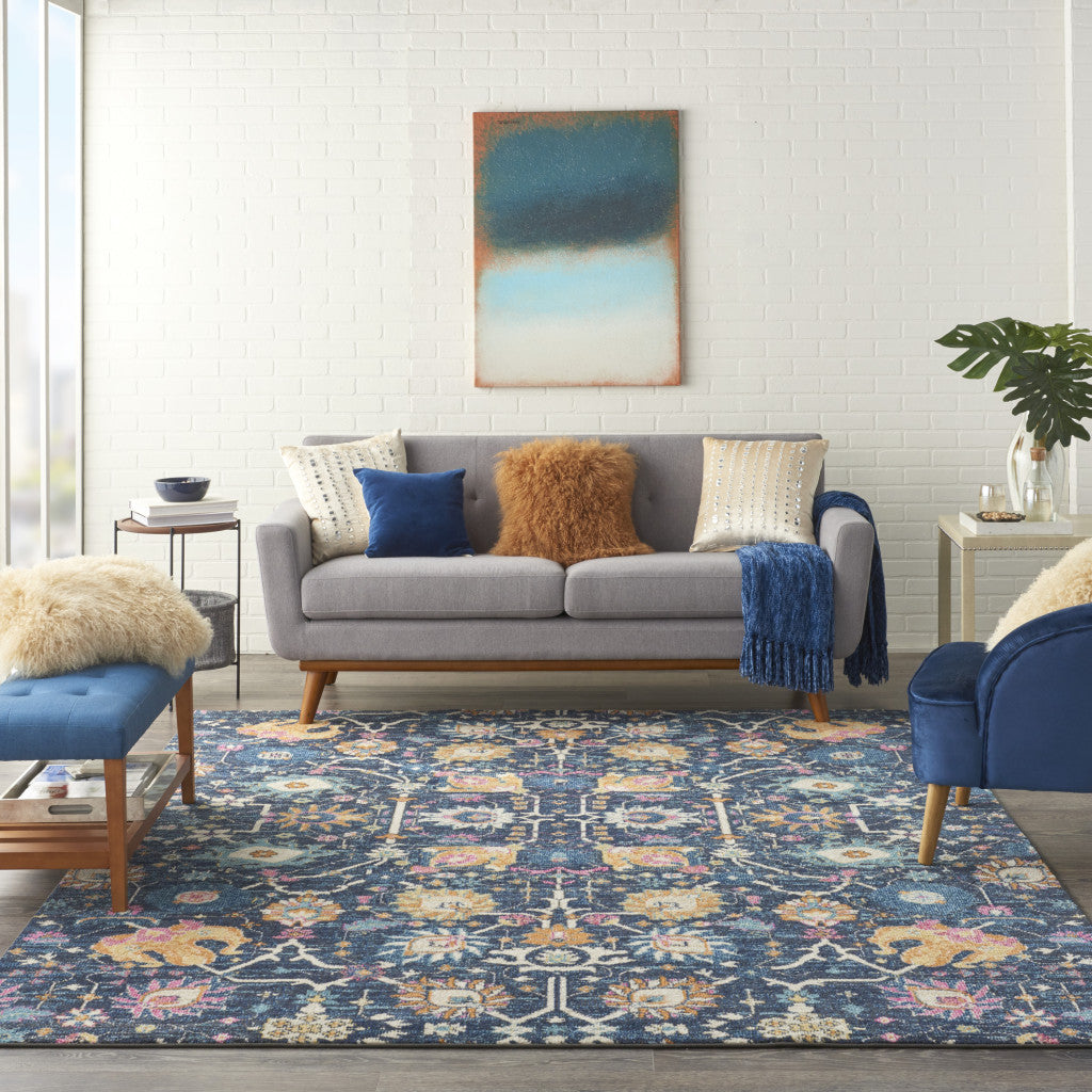 Stylish Navy Blue Floral Power Loom Area Rug for Comfortable Living Spaces