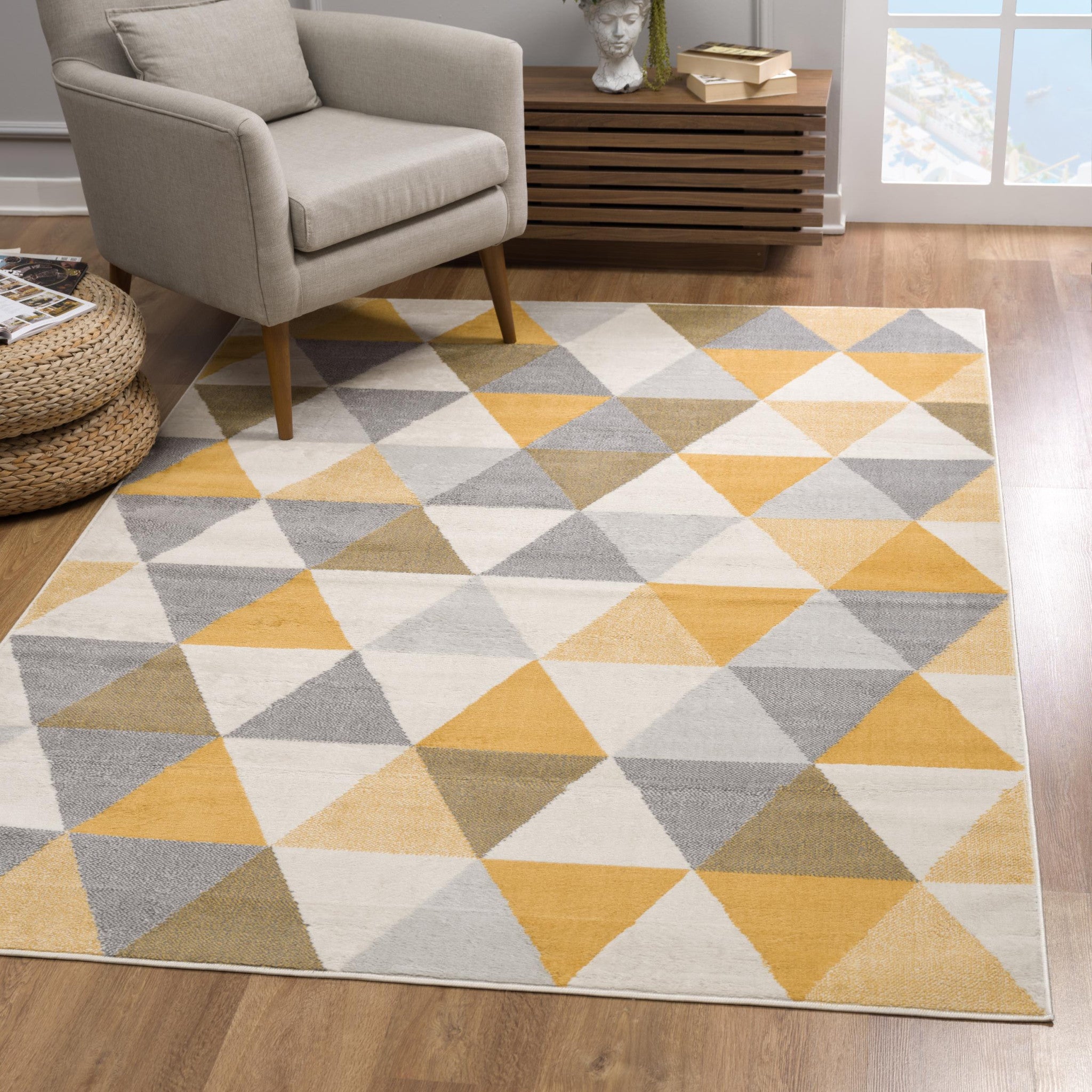 Stylish Geometric Yellow and Ivory Runner Rug - Enhance Your Space with Contemporary Warmth and Design