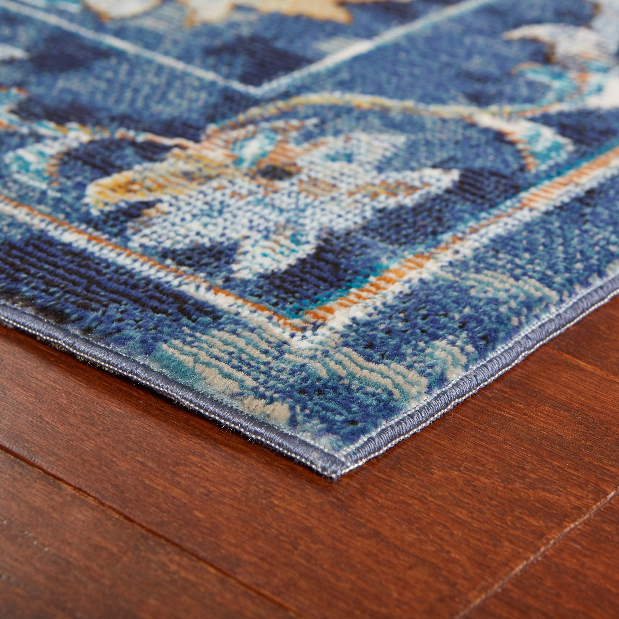 Luxurious Stain-Resistant Blue and Gold Jacobean Runner Rug with Soft Texture