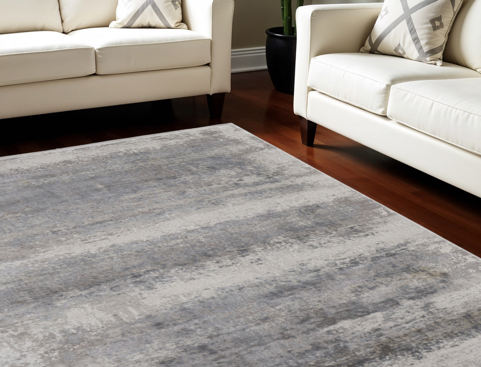 Stylish Power Loom Gray Abstract Area Rug with Fringe for Elegant Home Interior Decor