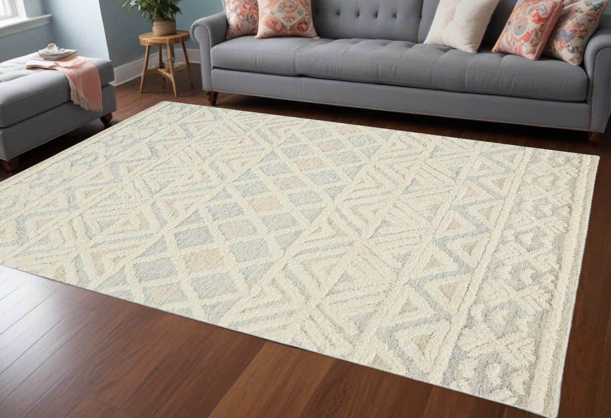 Ivory, Blue & Tan Handmade Geometric Stain-Resistant Area Rug for Stylish Interiors