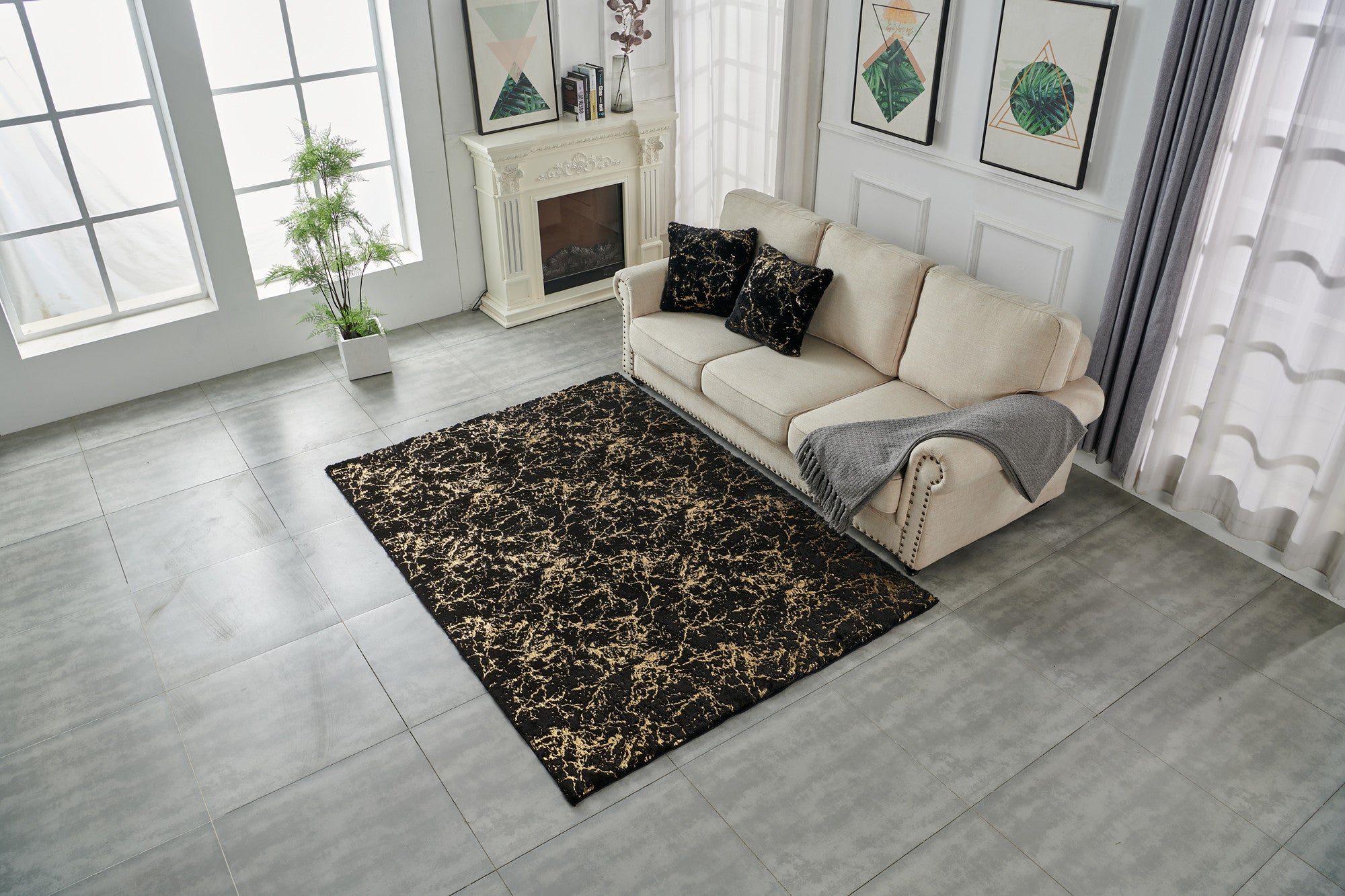 Stylish Black and Gold Faux Fur Abstract Shag Rug for Comfortable Home Decor