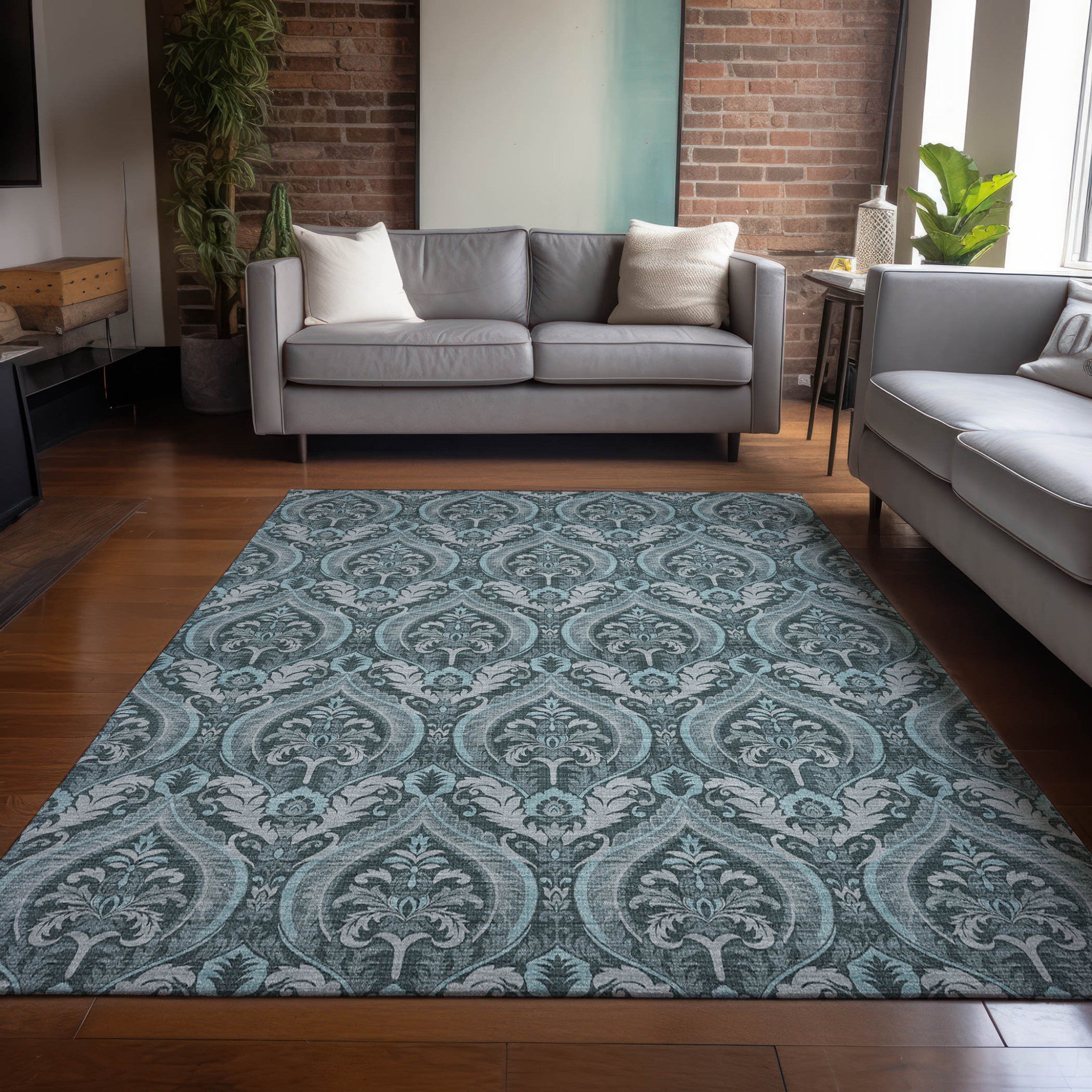 Stylish Washable and Stain - Resistant Non - Skid Damask Design Indoor Outdoor Runner Rug Measuring 27 Inches by 90 Inches