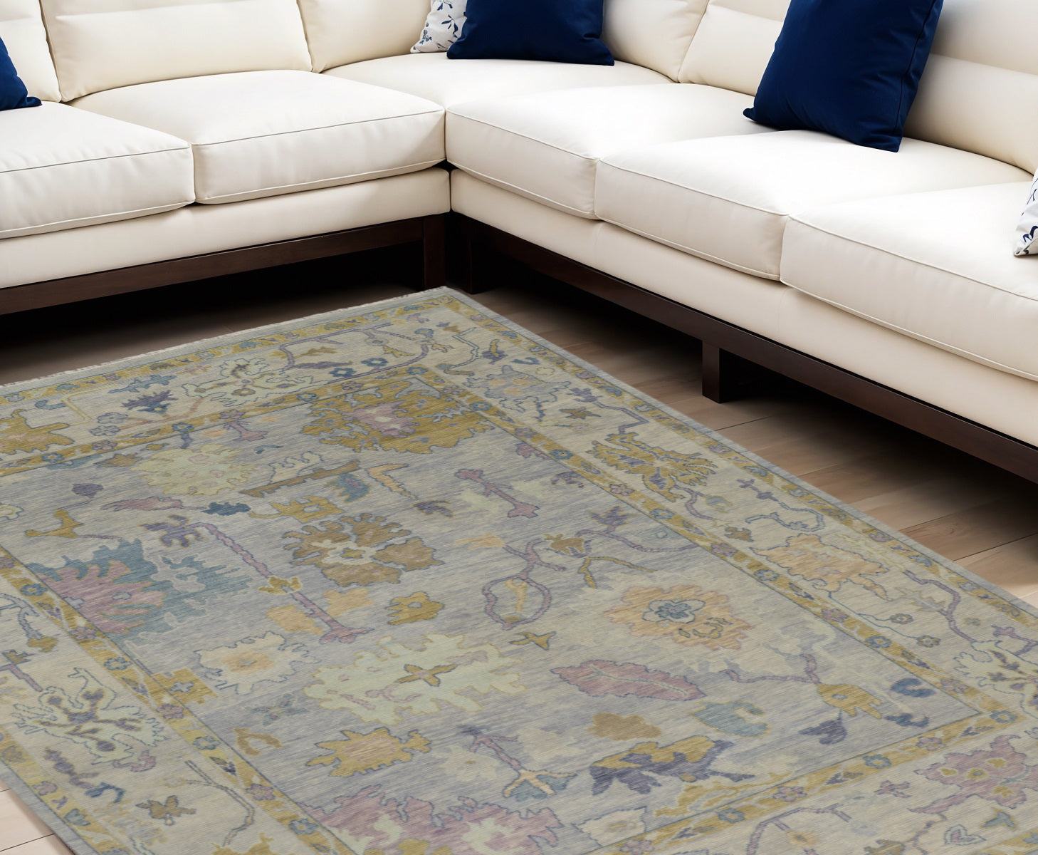 Stain-Resistant Hand-Knotted Oriental Area Rug in Vibrant Gold, Blue & Purple
