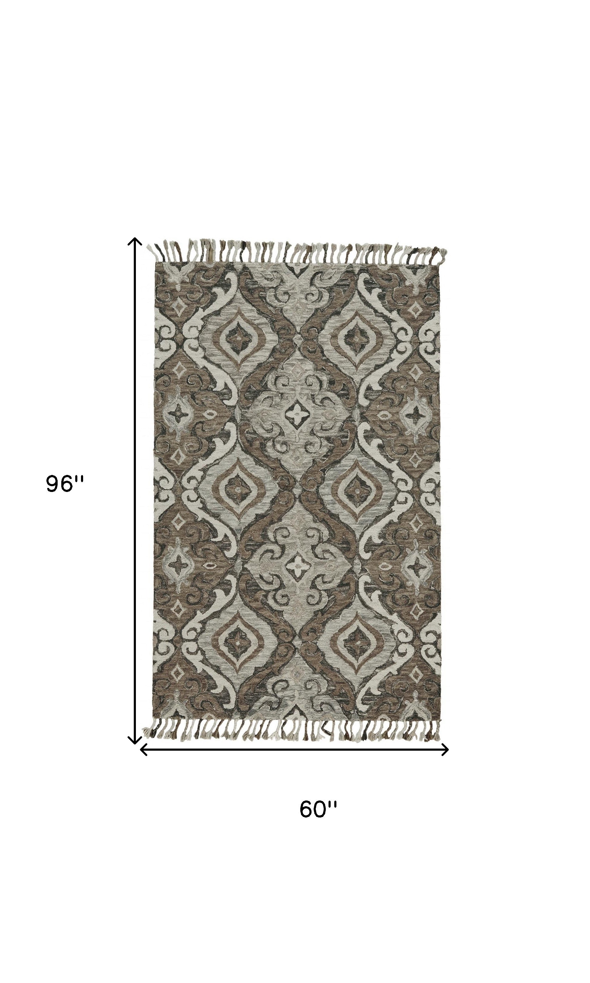 Stylish Handmade Gray Taupe & Ivory Wool Floral Area Rug with Fringe, Stain Resistant